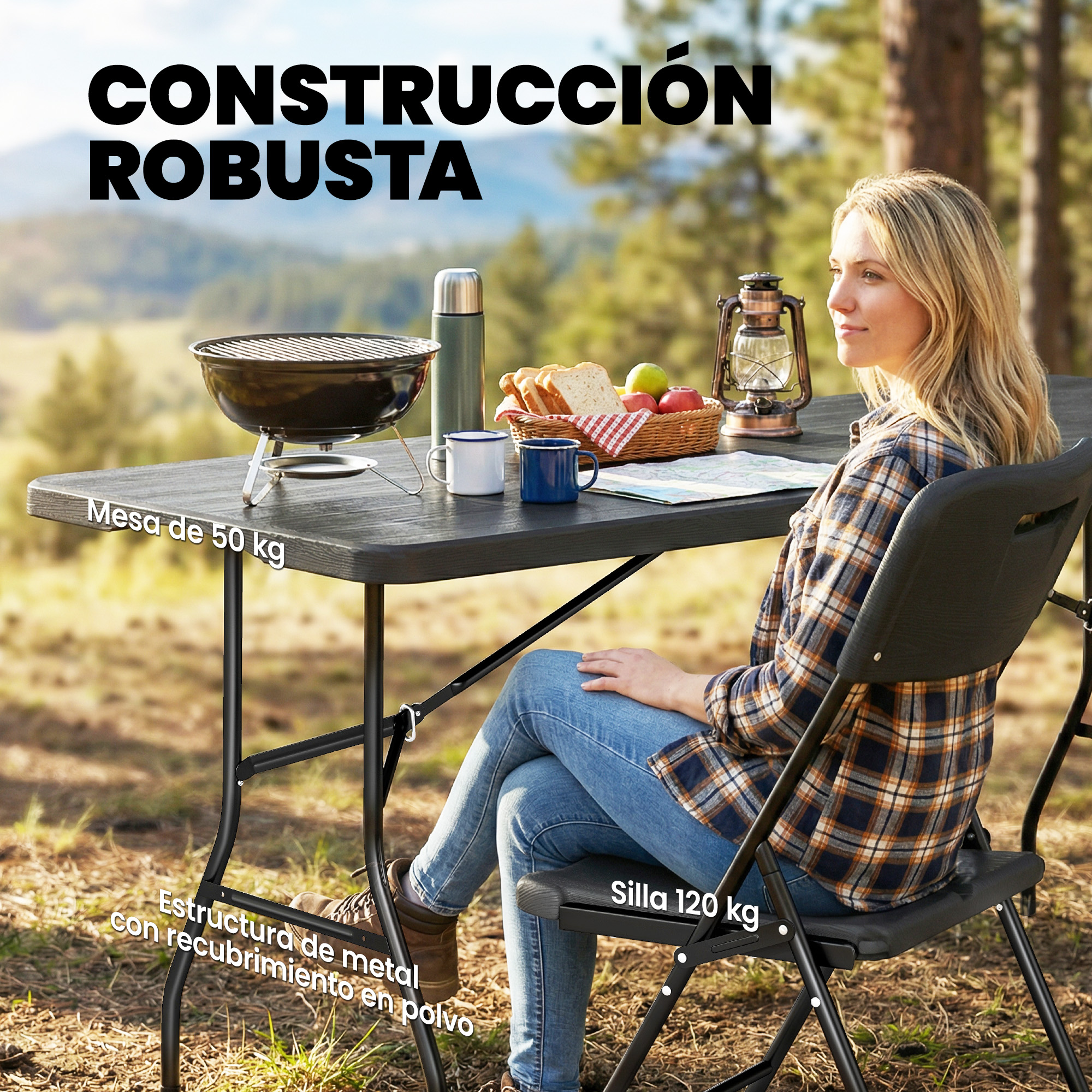 Mujer sentada en mesa de camping con parrilla, comida y lámpara. Construcción robusta.