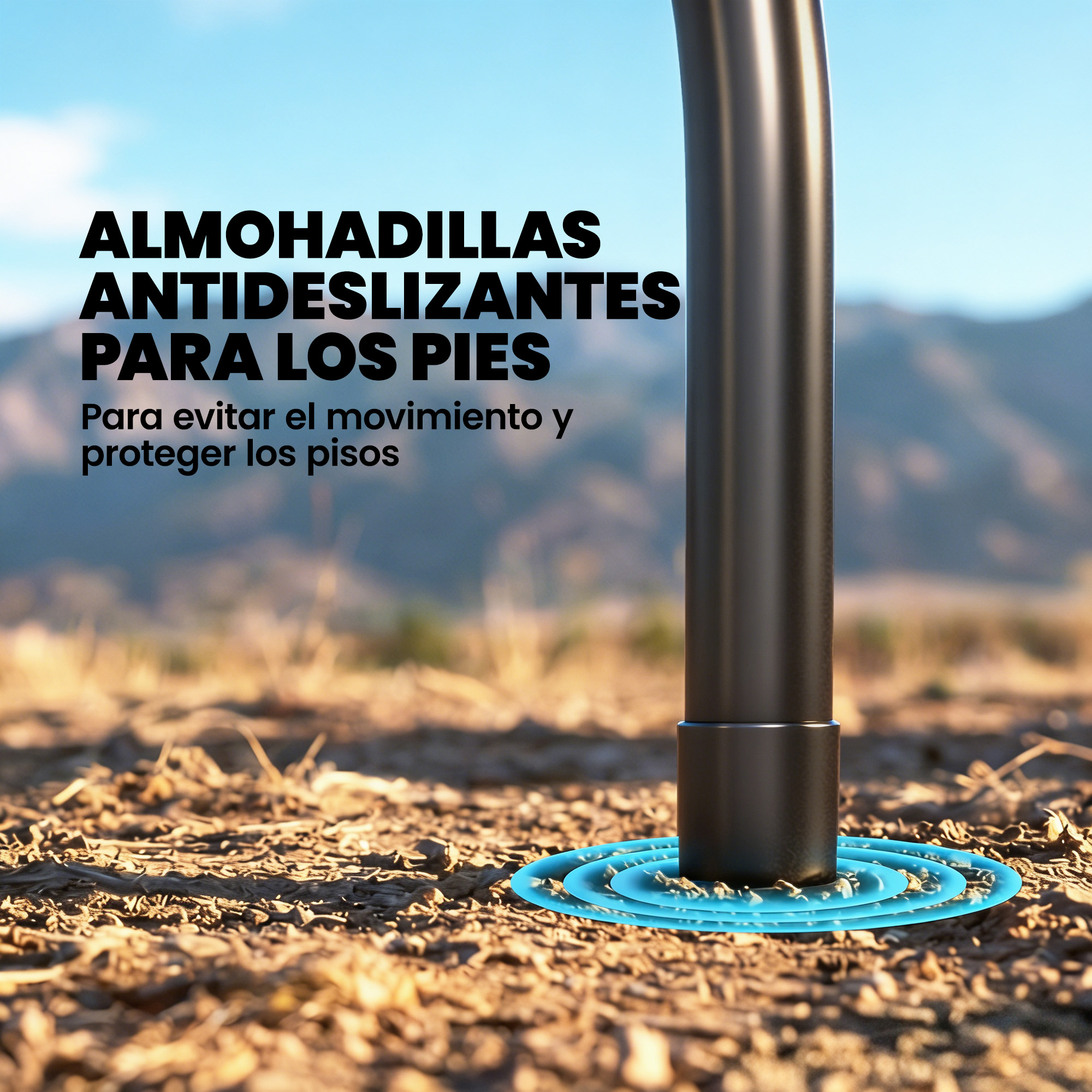 Pata negra para muebles con almohadilla antideslizante azul sobre suelo rugoso.