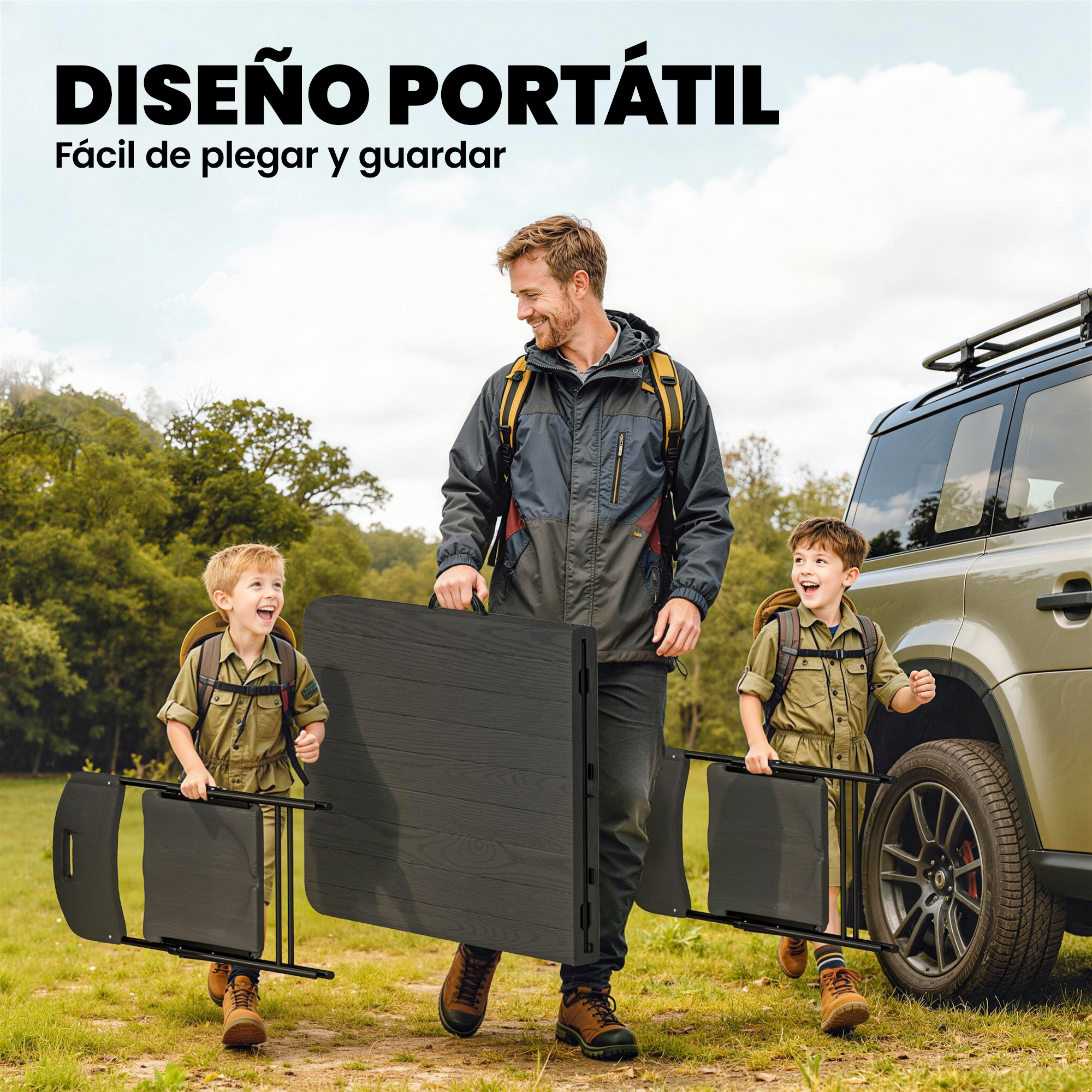Hombre y dos niños llevan una mesa negra al aire libre junto a un SUV.