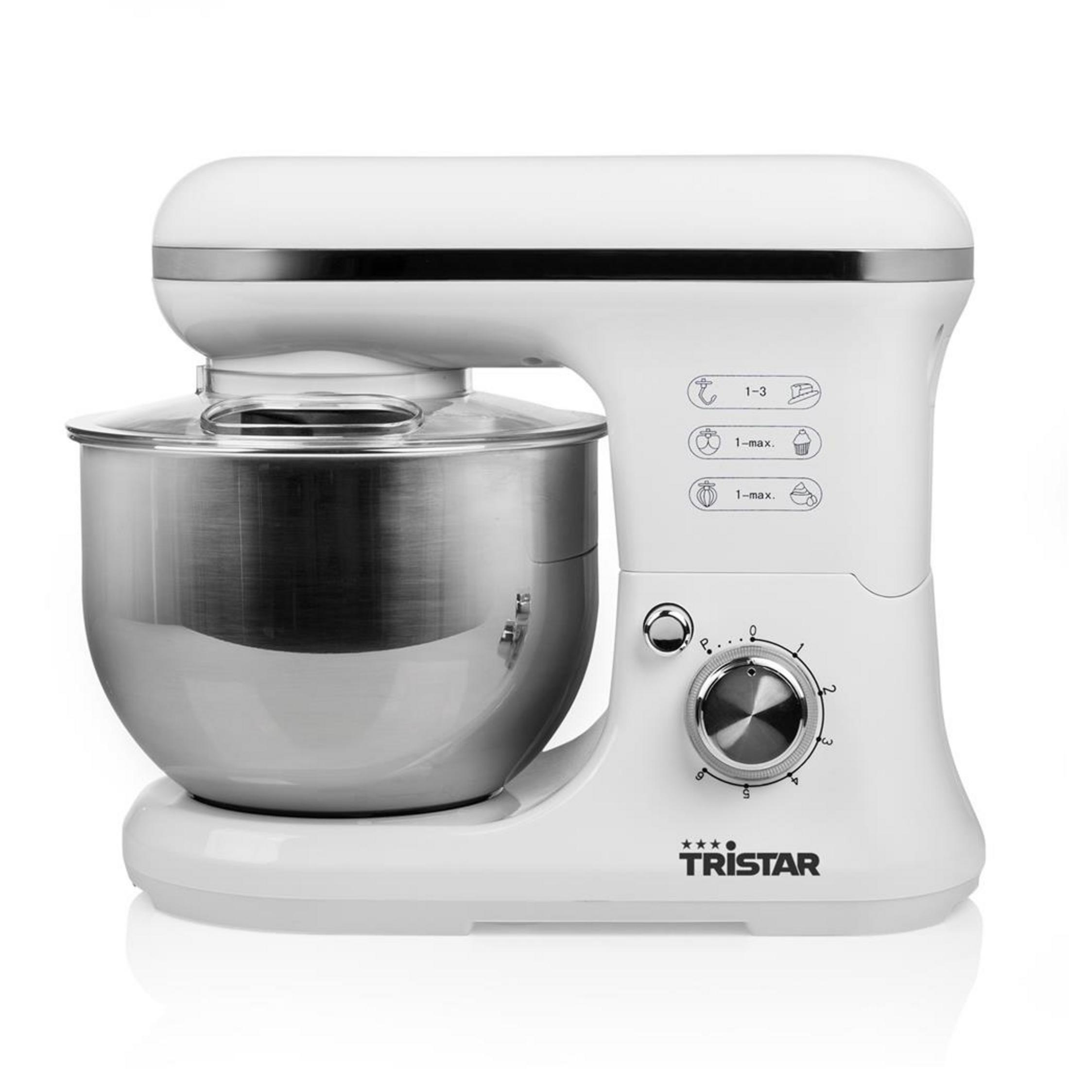 Ein weißer Küchenmixer von Tristar mit Edelstahlschüssel und Geschwindigkeitsregler.