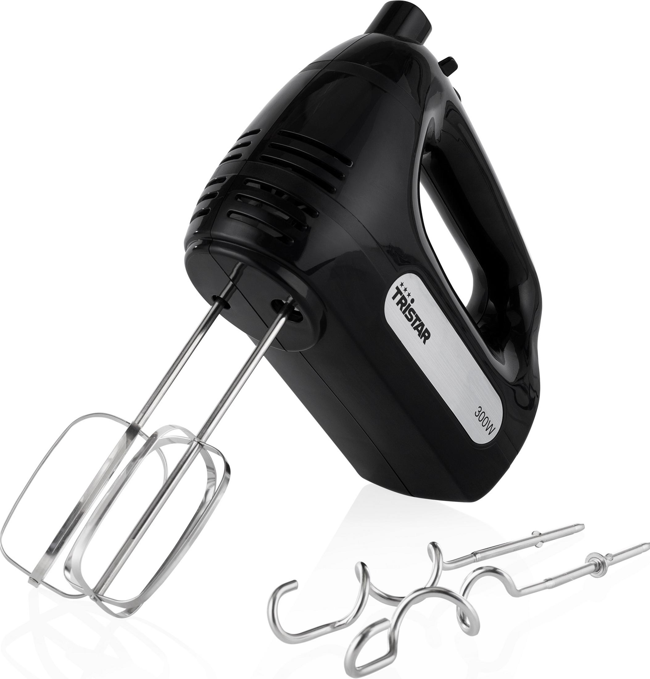 Sbattitore elettrico nero con fruste e ganci impastatori in acciaio inox.