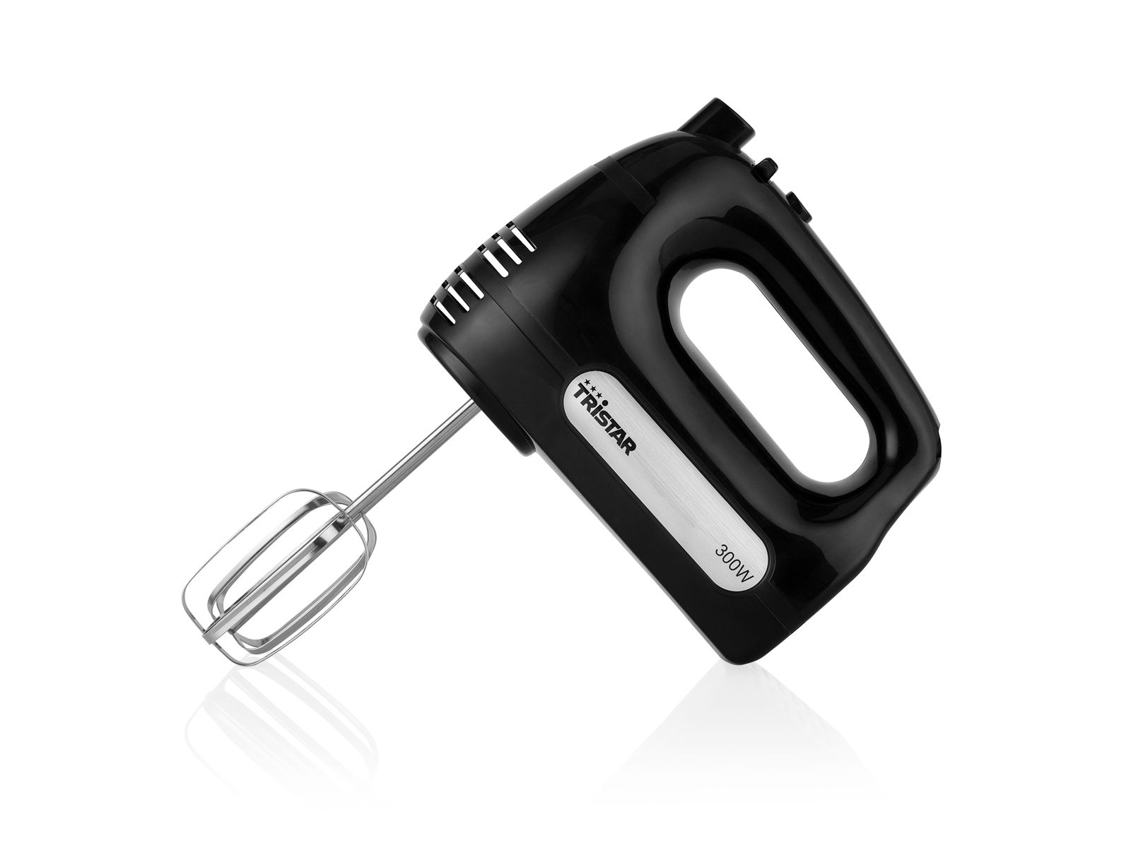 Un frusta a mano nero con striscia argentata e etichetta 300W.