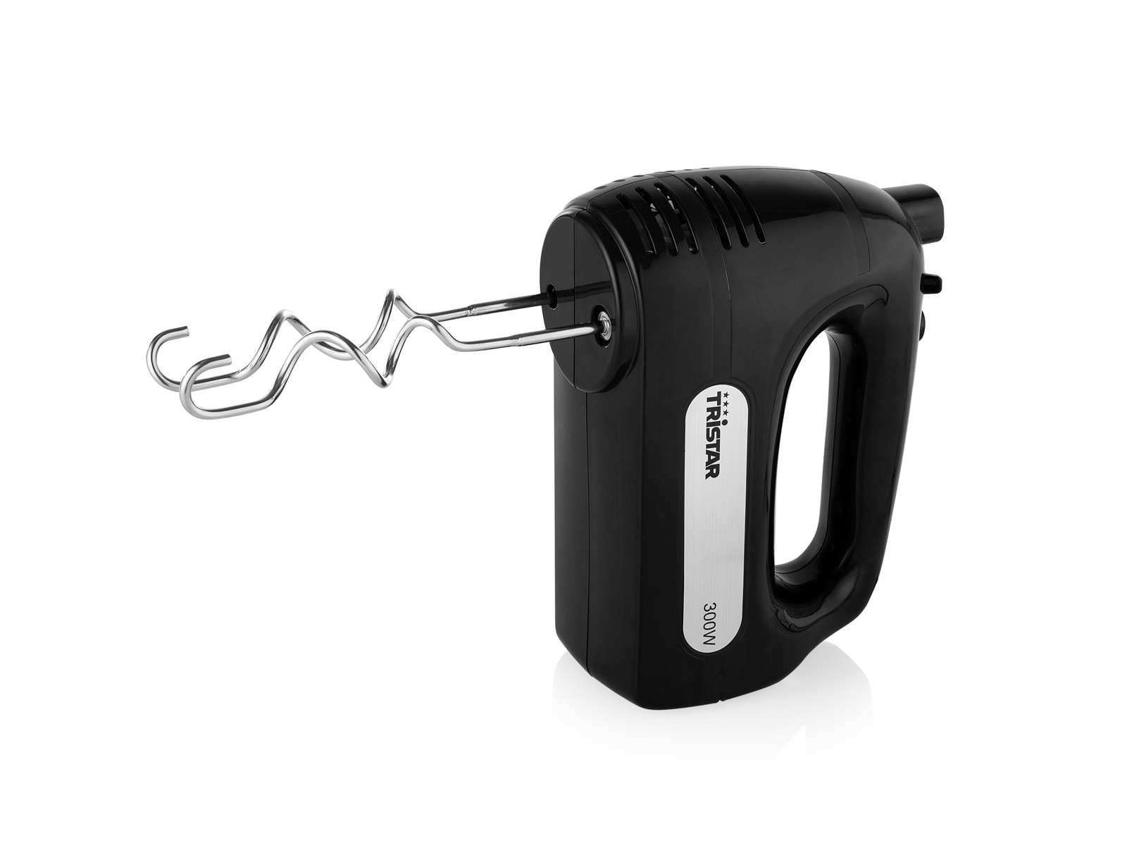 Sbattitore elettrico nero con due fruste argentate e fessure di ventilazione.