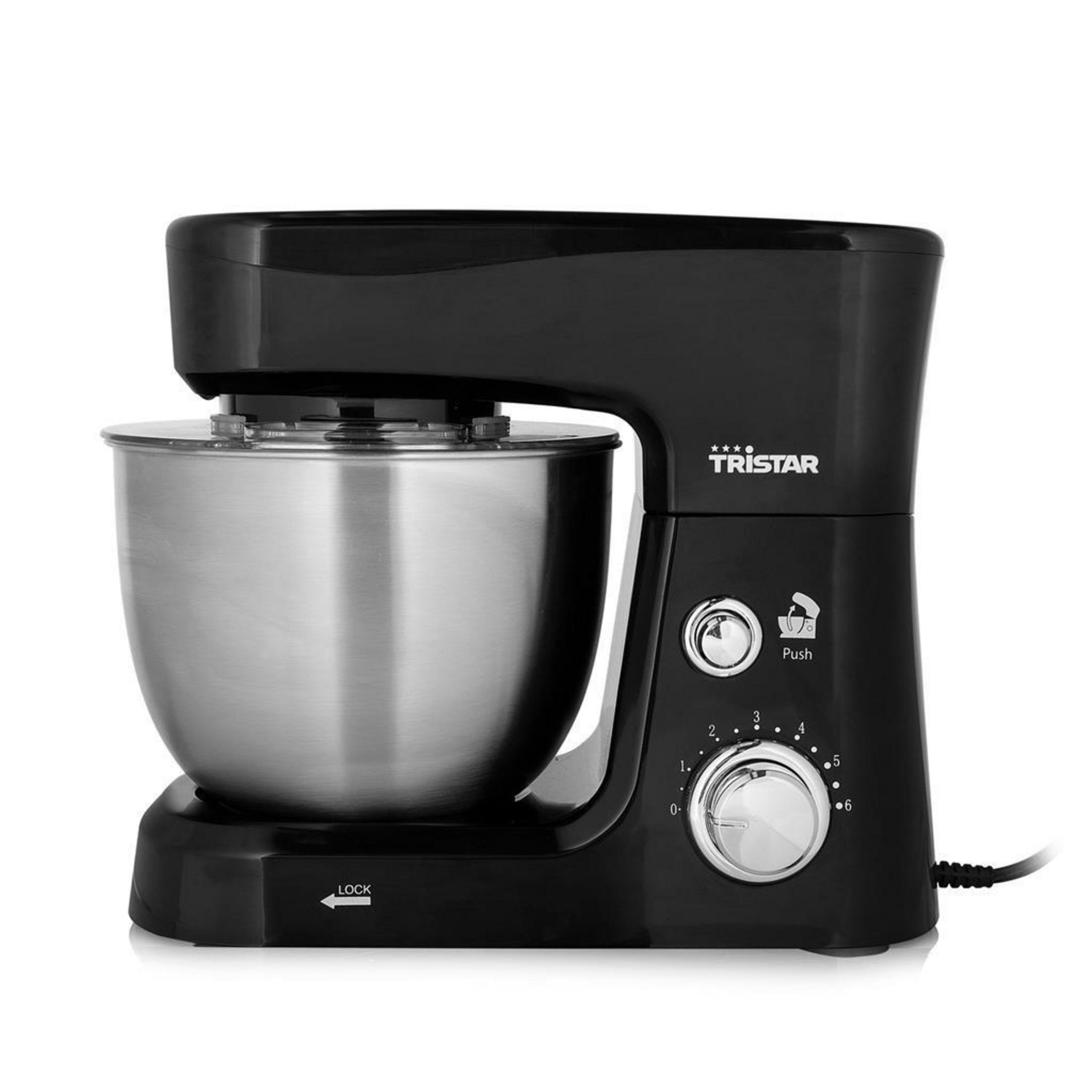 Impastatrice Tristar nera con ciotola in acciaio inox, selettore di velocità e pulsante 'Push'.