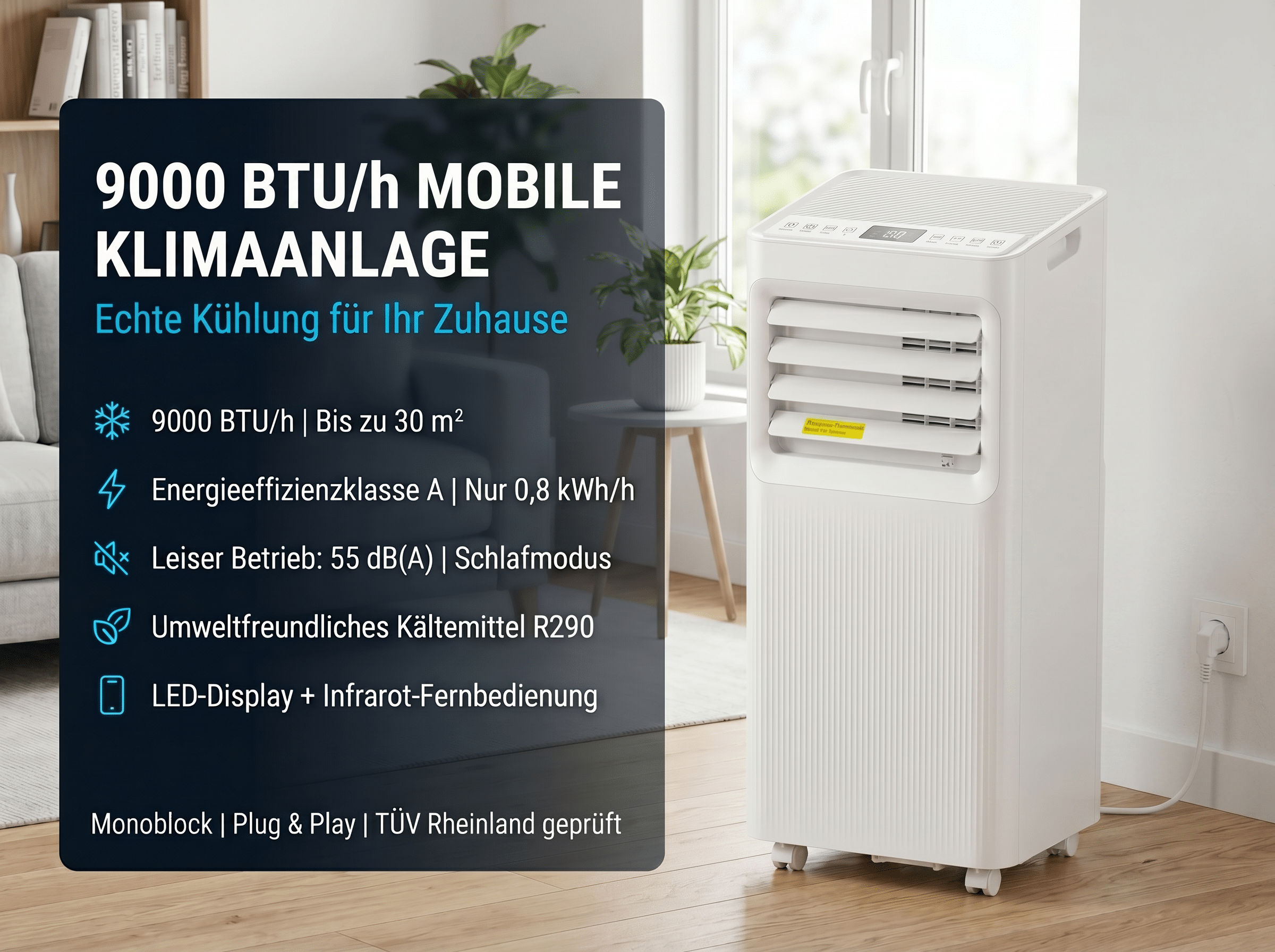 Ein weißes mobiles Klimagerät steht neben einem Fenster. Links sind Produktinfos aufgelistet.