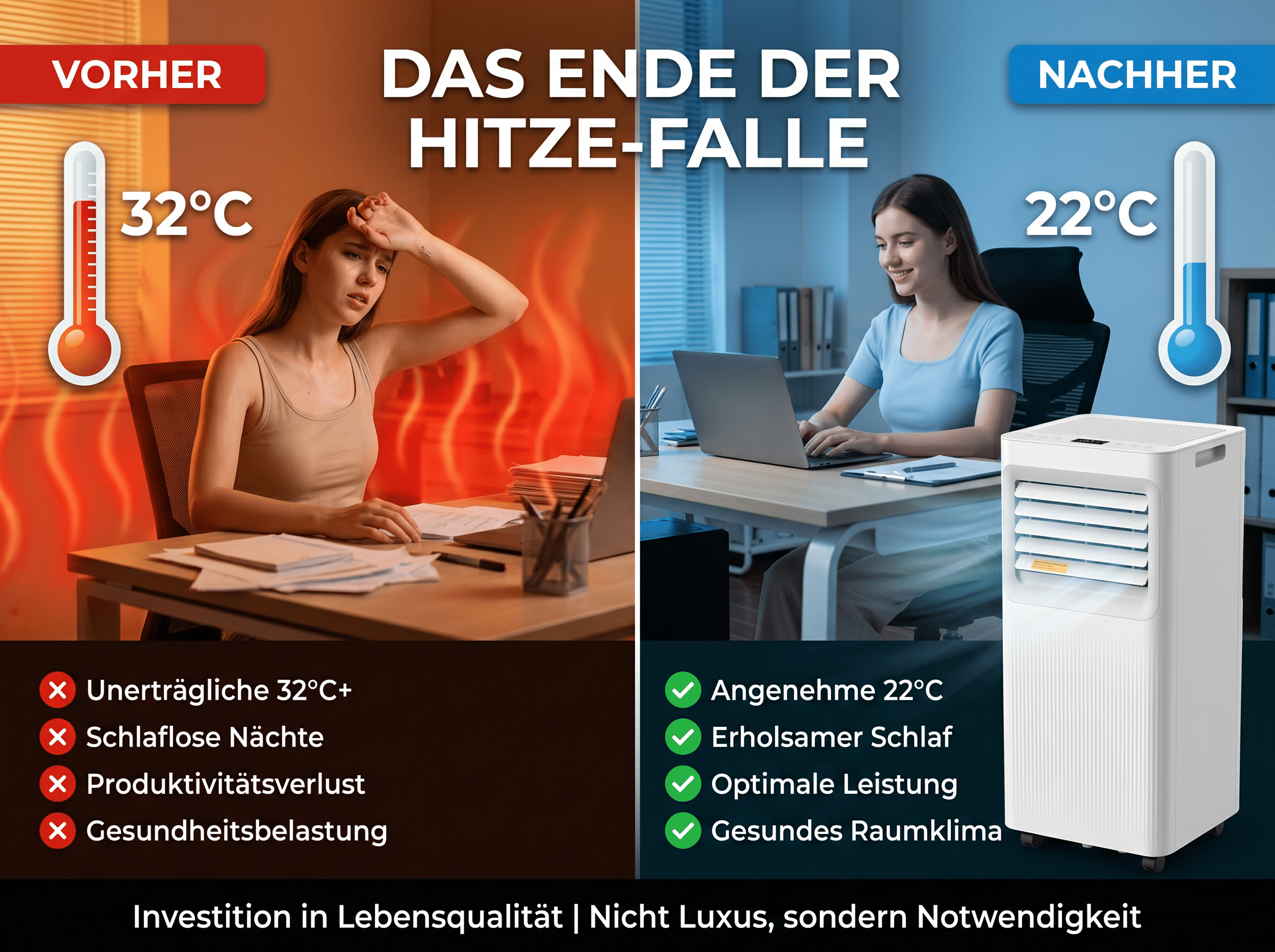 Vorher: Frau schwitzt bei 32°C. Nachher: Frau arbeitet bei 22°C.