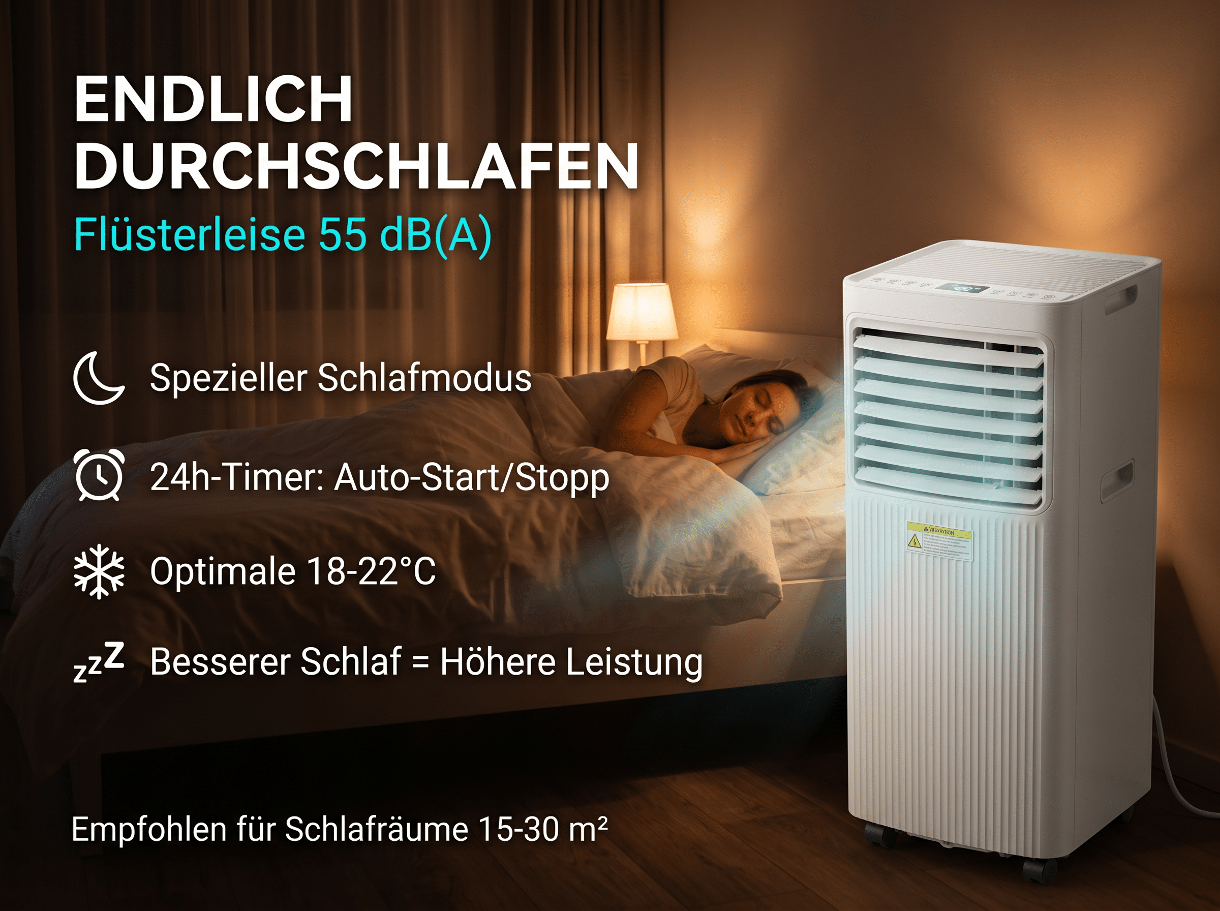 Ein weißer Luftkühler steht neben einem Bett, auf dem eine Frau schläft.