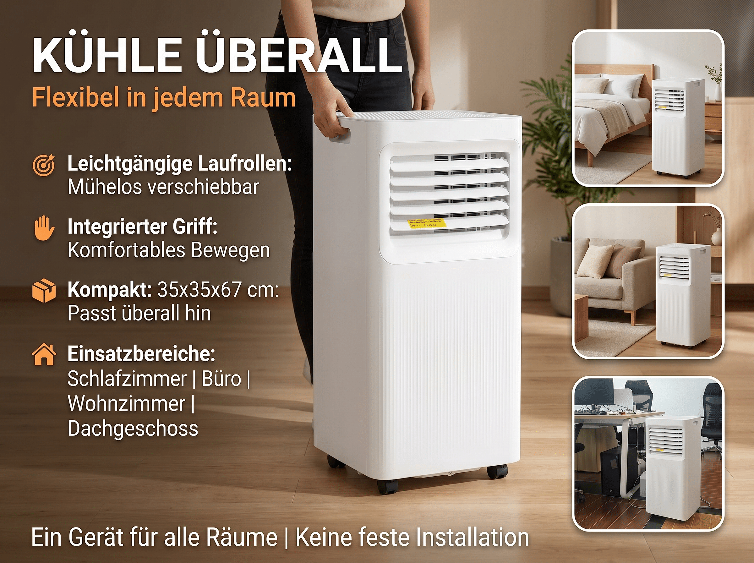 Ein weißer mobiler Klimaanlage auf Rollen, mit Griffen, in verschiedenen Räumen.