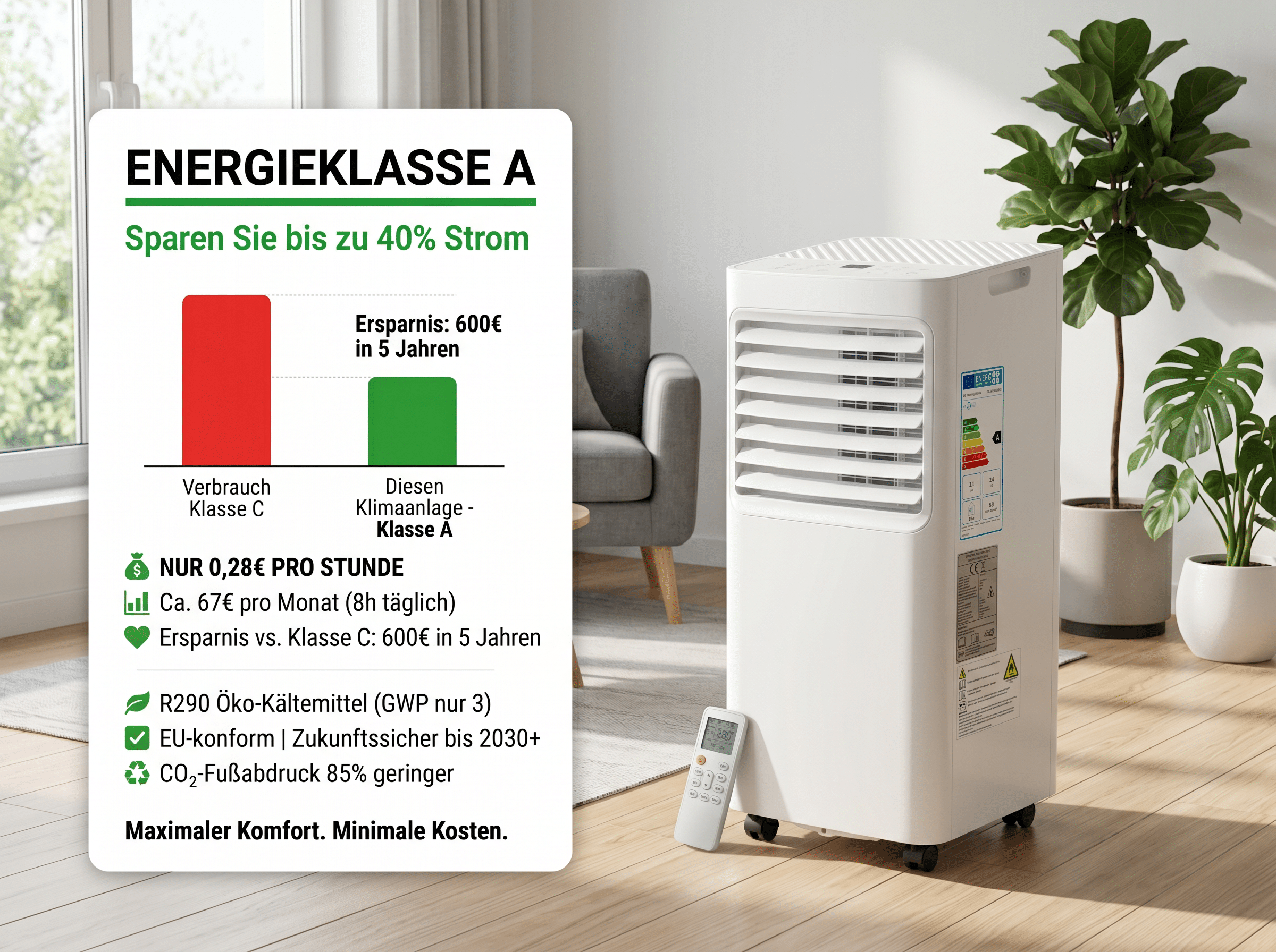 Ein mobiles Klimagerät der Energieklasse A mit Infografik zu Stromersparnis.