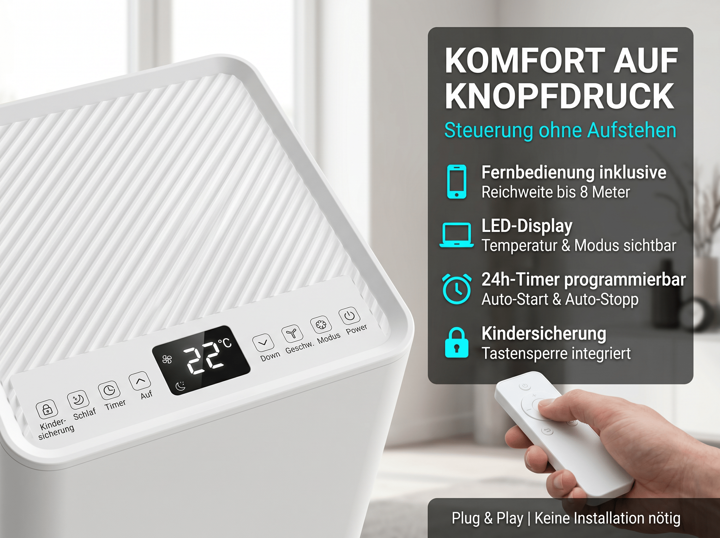 Ein weißes Gerät mit Fernbedienung und LED-Display zeigt 22°C.