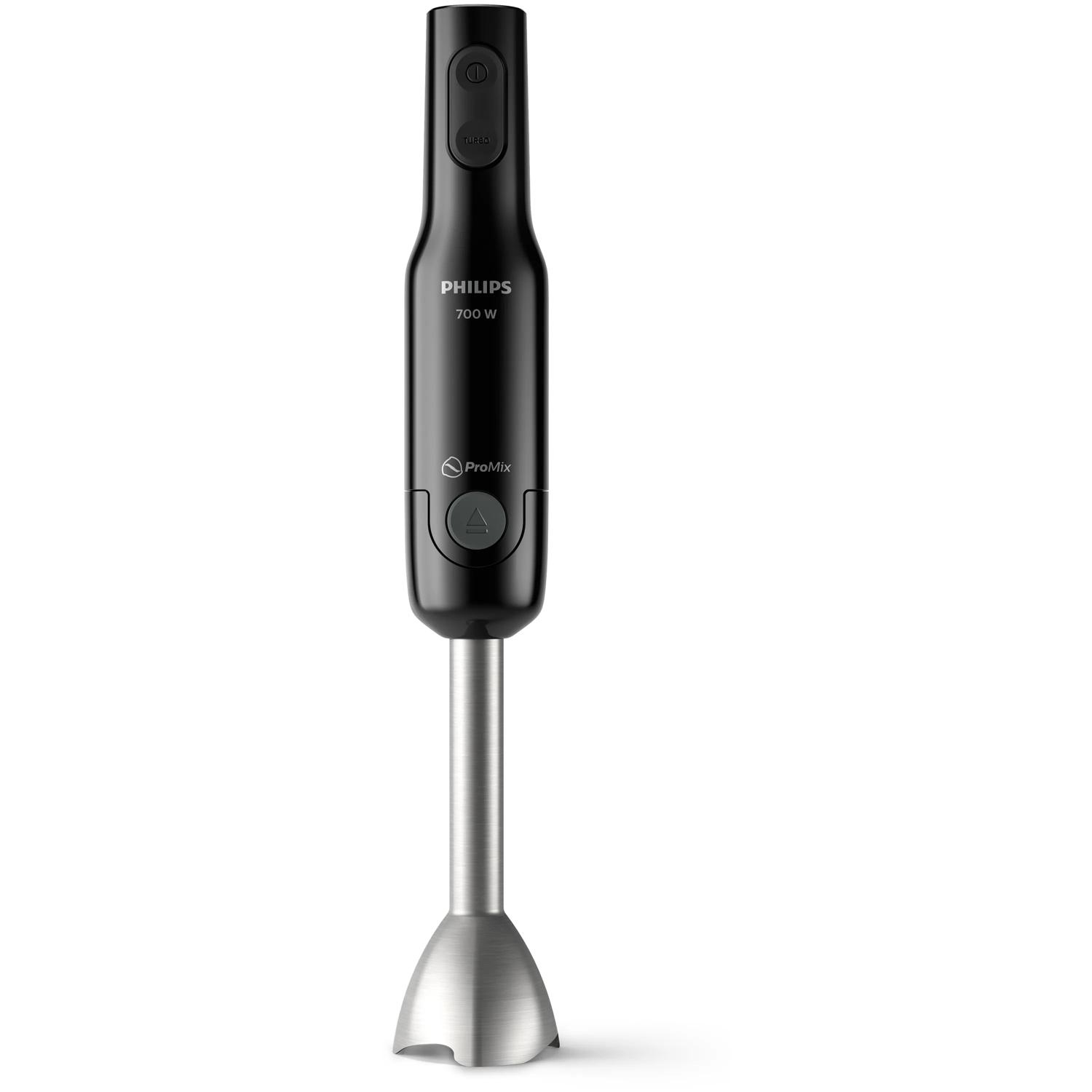 Schwarzer Stabmixer mit silbernem Fuß und Bedienelementen.