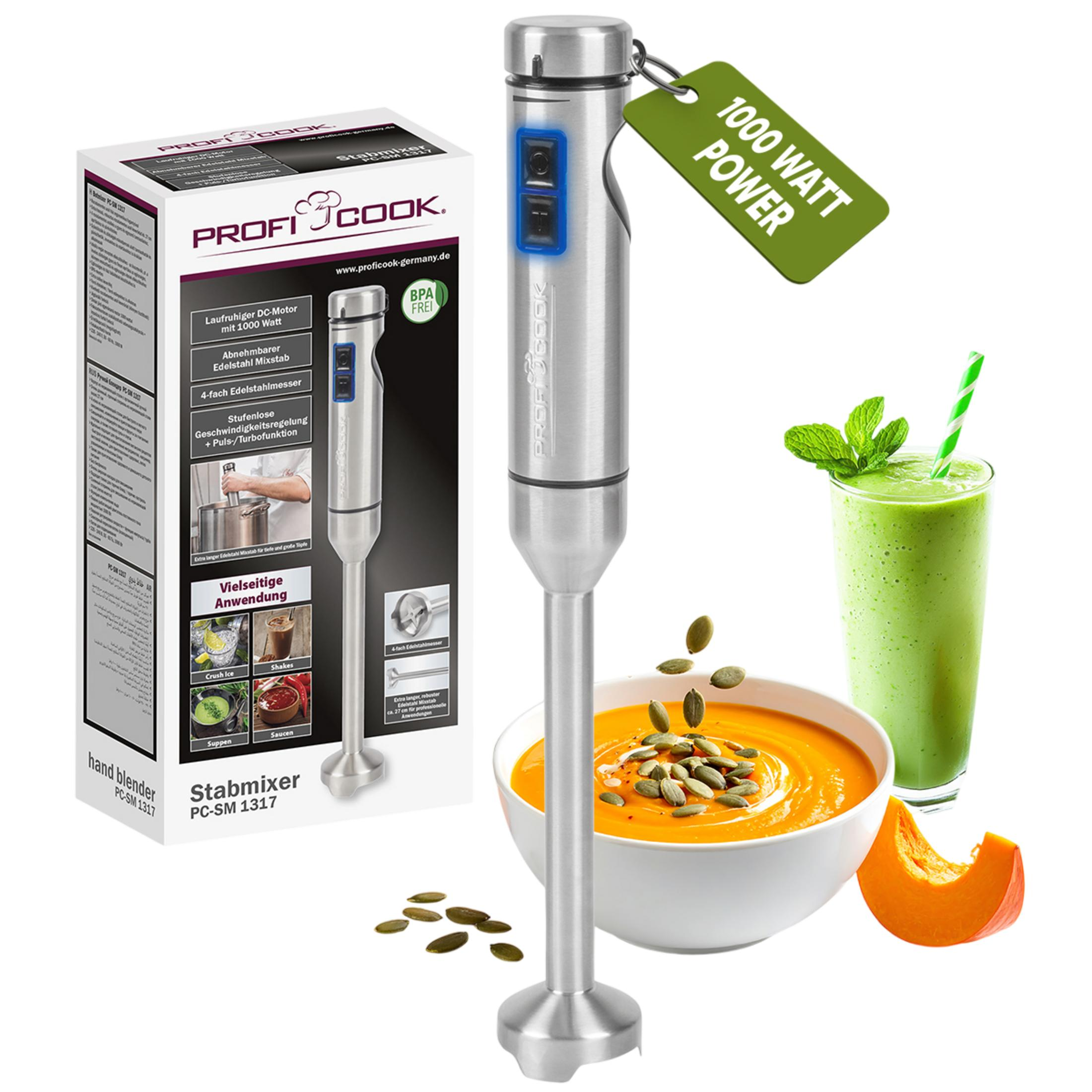 Frullatore a immersione in acciaio inox da 1000W, accanto un frullato verde e una ciotola di zuppa di zucca.