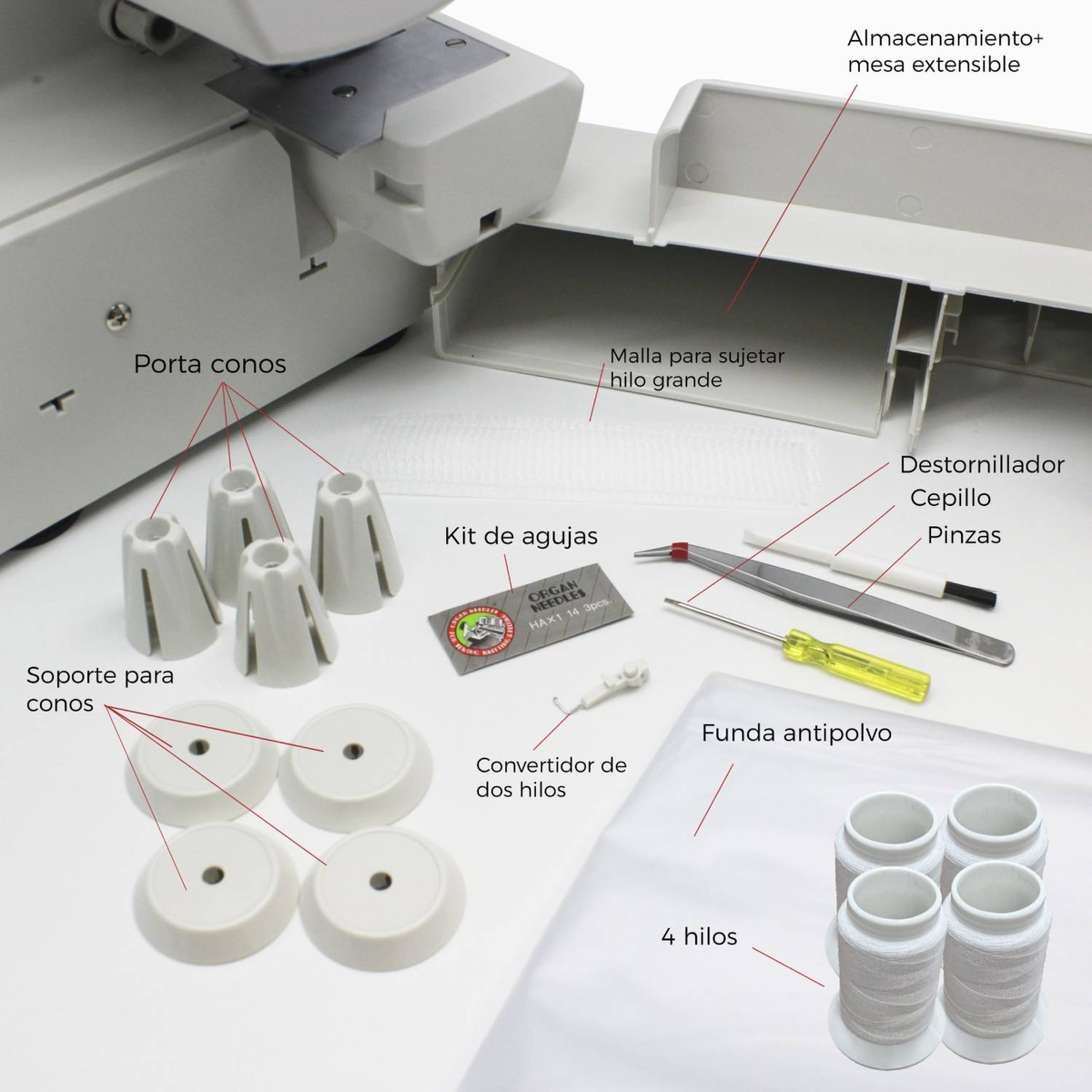 Accesorios de máquina de coser: conos de hilo, agujas, herramientas, funda y bobinas.