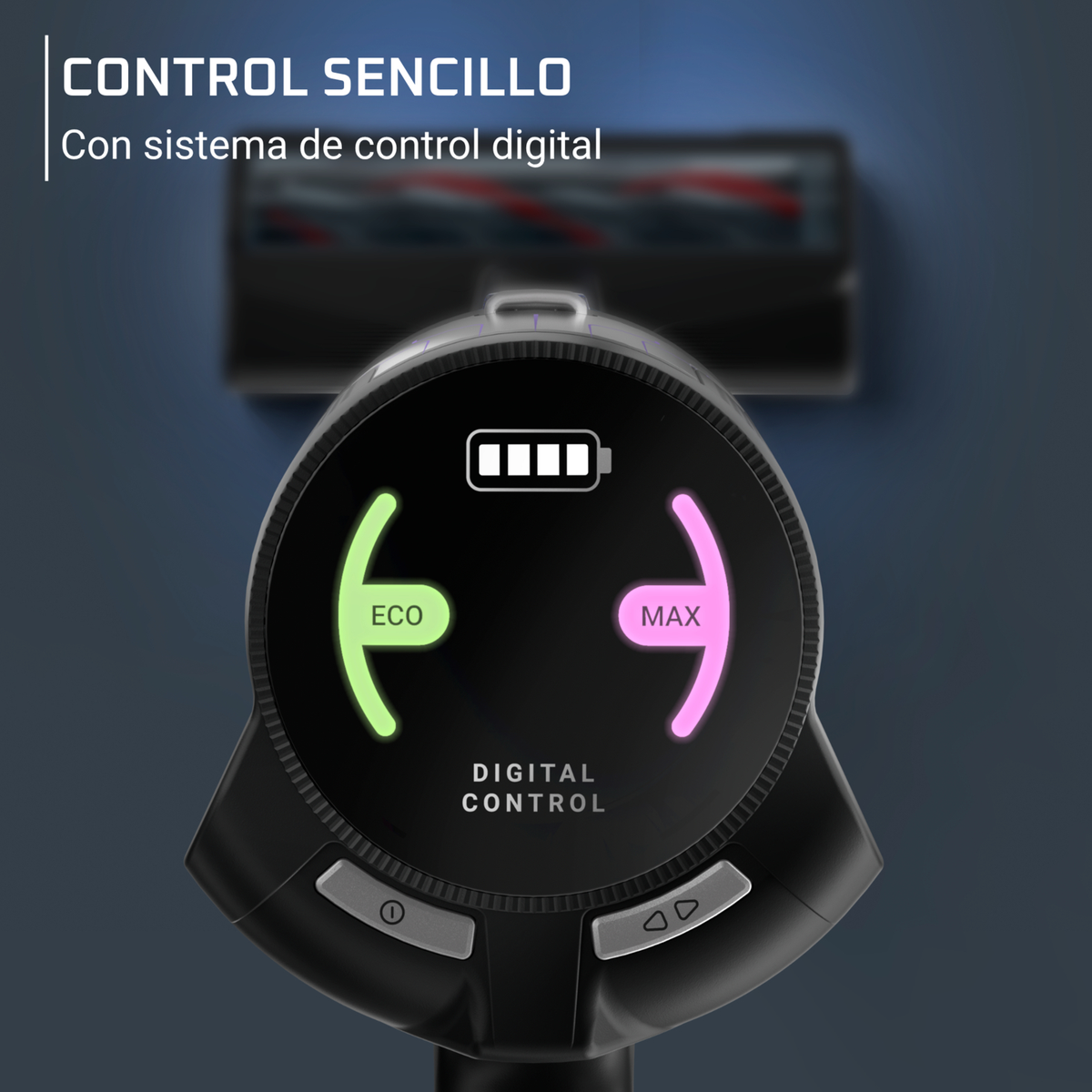 Primo piano display digitale con batteria, modalità Eco e Max.