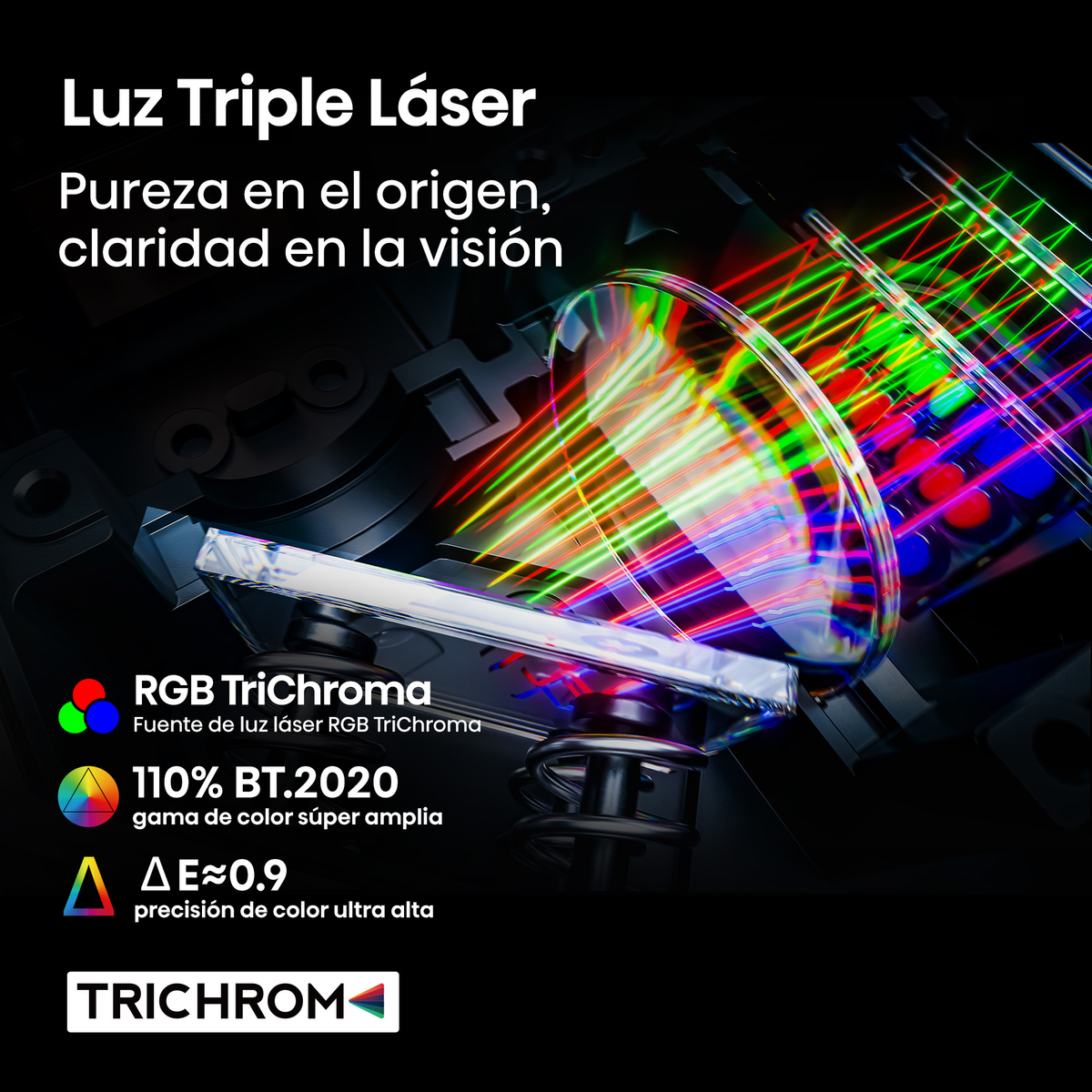Rayos láser se refractan en un prisma, creando colores RGB.