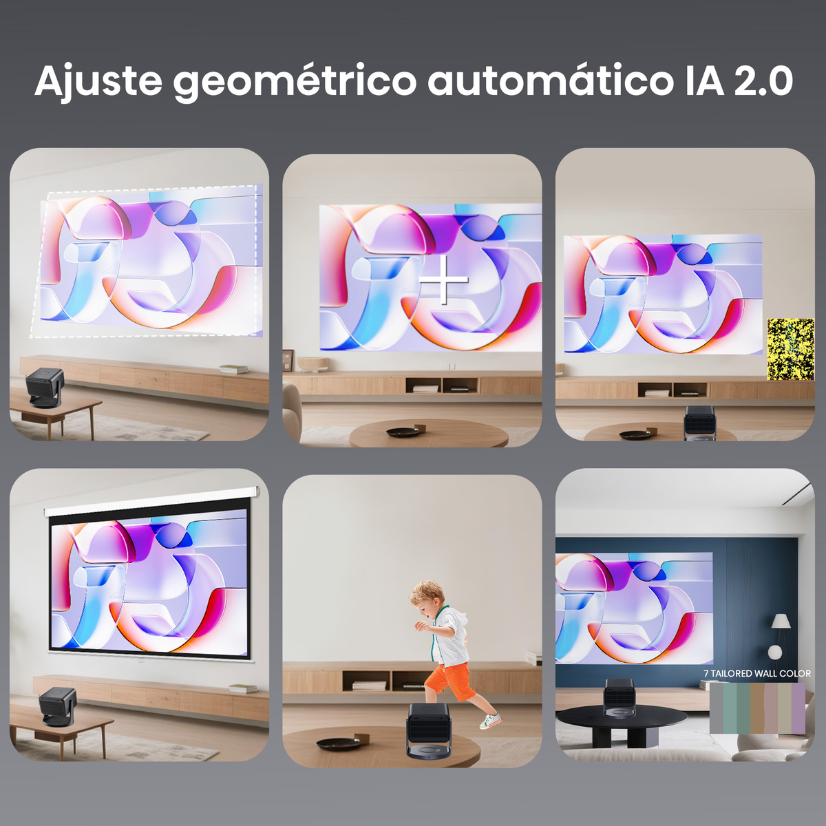 Proyector mostrando arte abstracto en varias salas