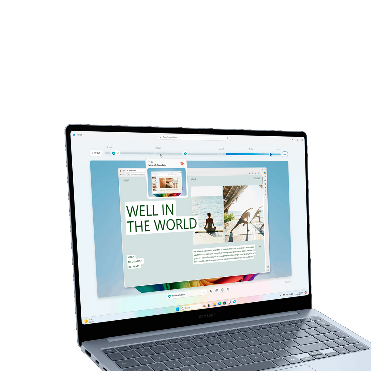 Un portátil muestra una presentación titulada "Well in the World" con imágenes de yoga y meditación.