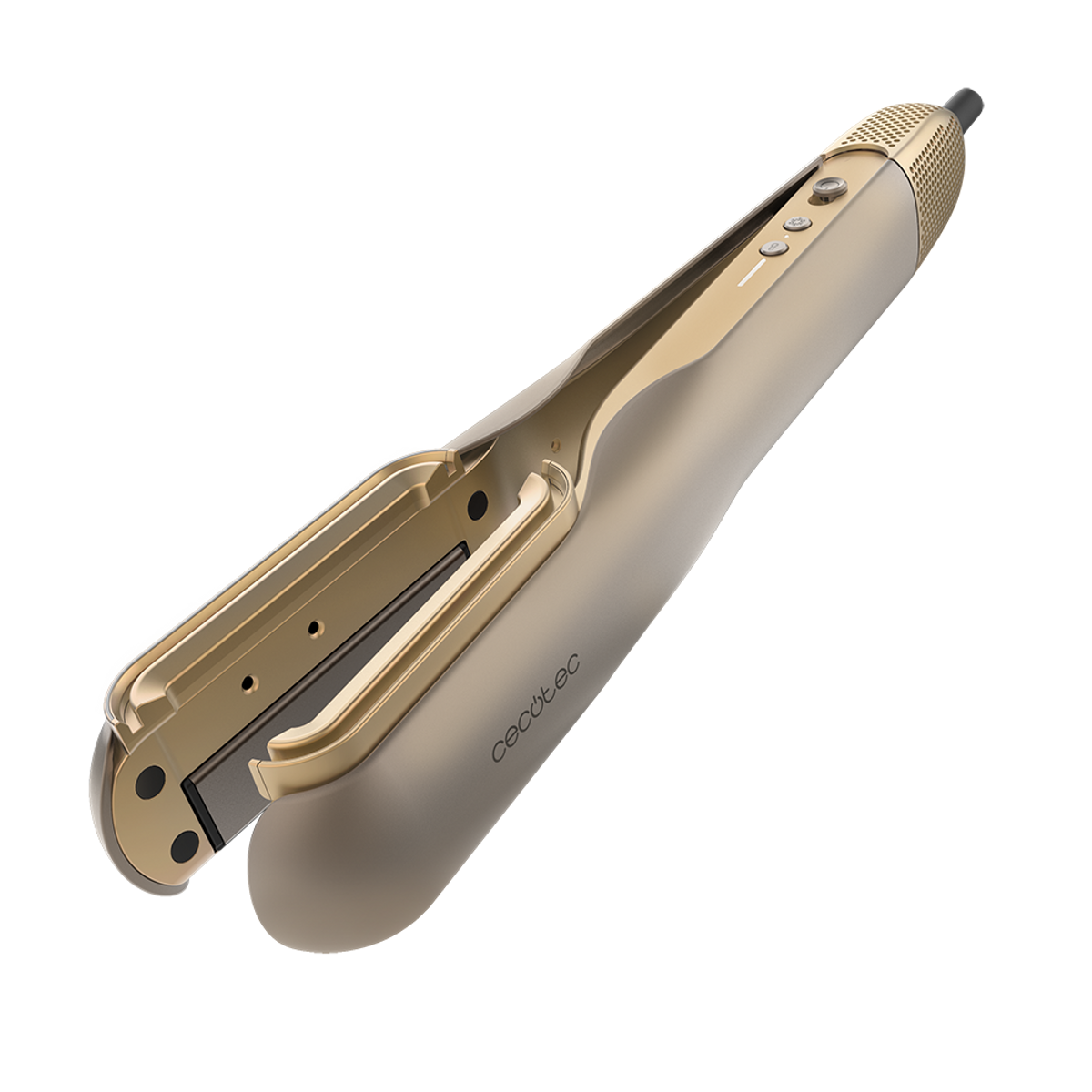 Una piastra per capelli oro e grigio con logo CECOTEC su sfondo nero.