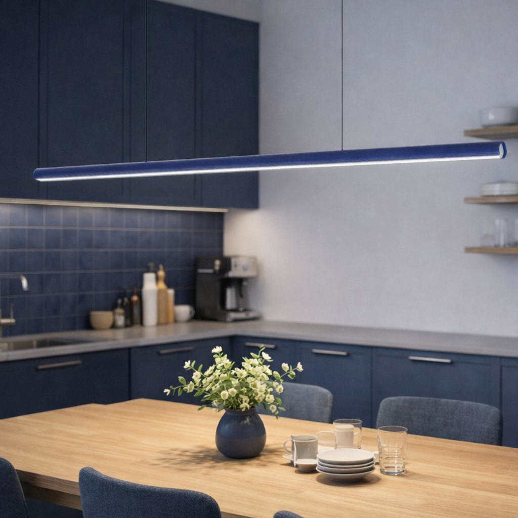 Una lunga lampada a sospensione blu pende sopra un tavolo di legno con apparecchiature in una cucina moderna.