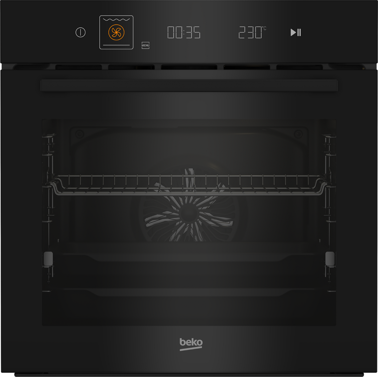 Forno Beko nero con display digitale, funzione ventola e griglia interna.