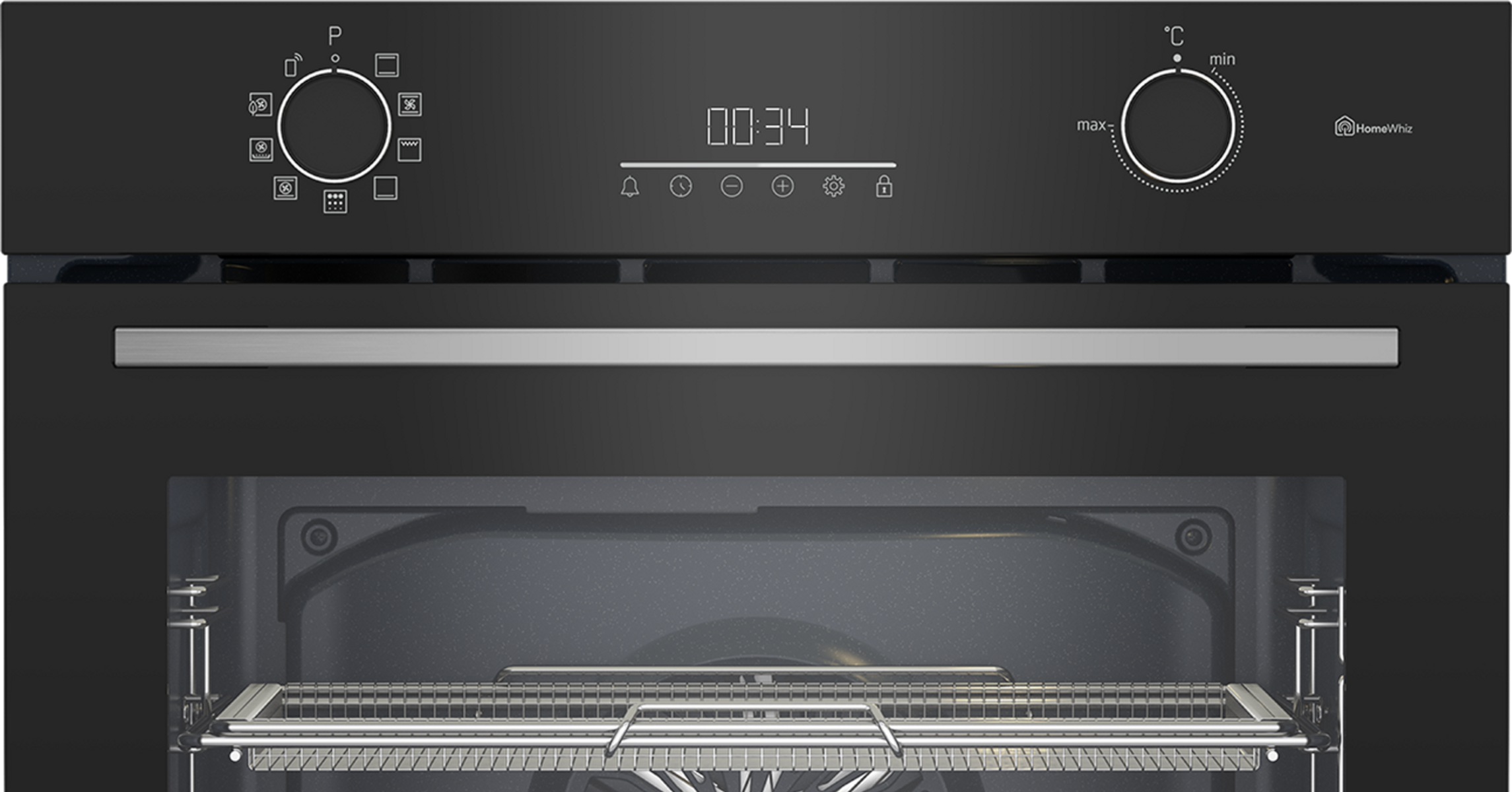 Forno nero con maniglia argentata, display digitale e manopole.