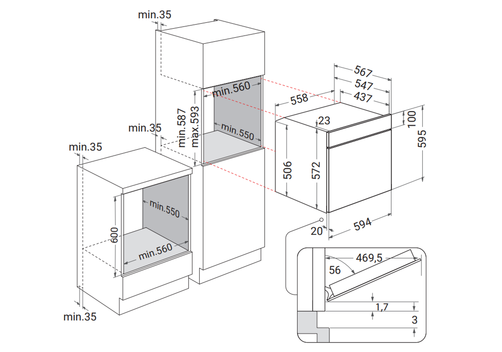 Disegno tecnico di un forno da incasso con dimensioni e misure di installazione.
