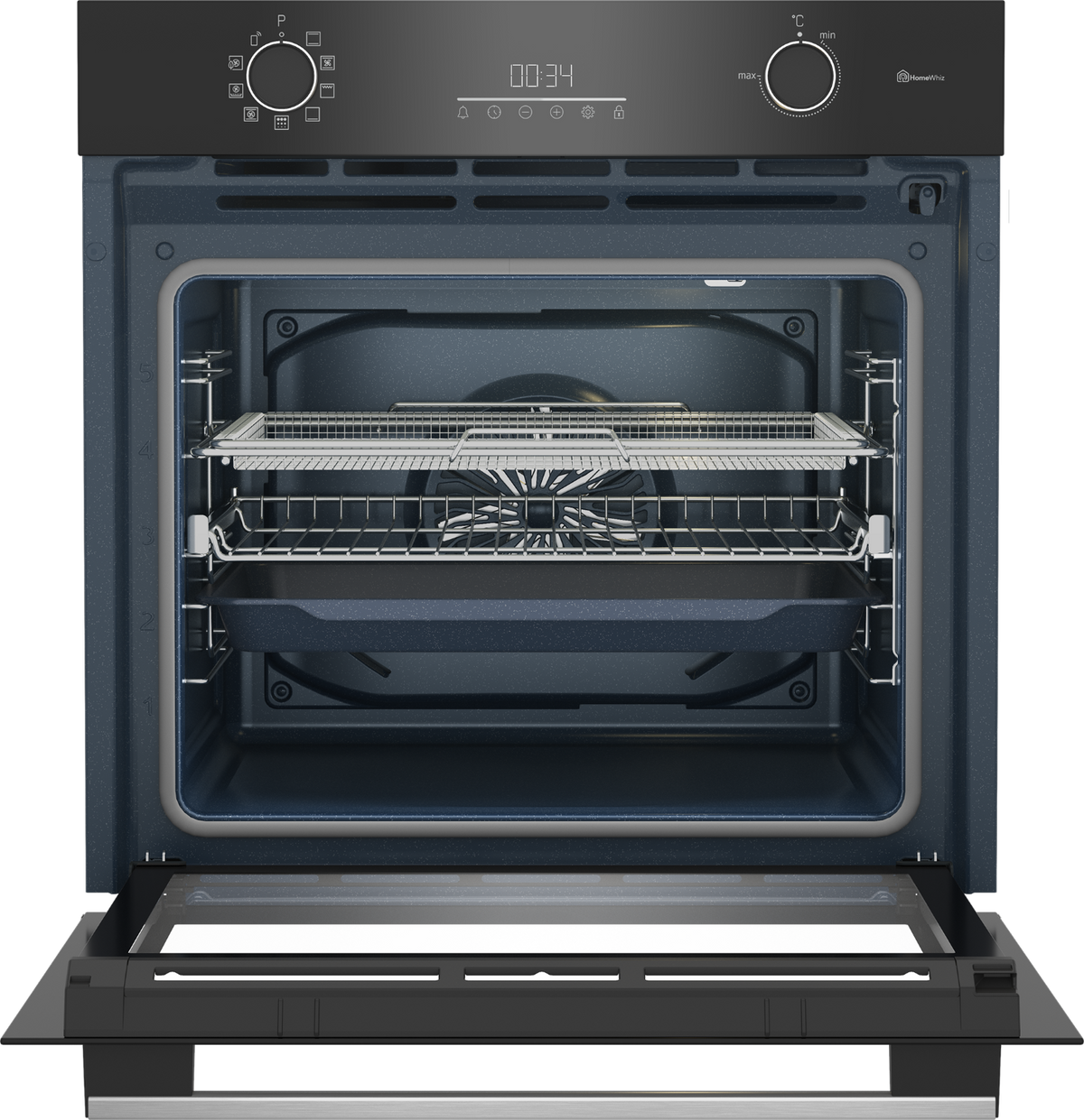 Forno nero aperto con griglia, teglia e pannello di controllo con display digitale.