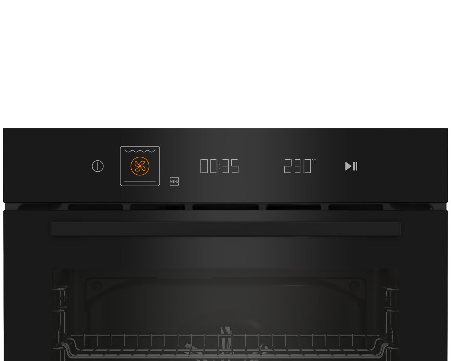Display digitale forno: 00:35, 230°C e icona ventola.