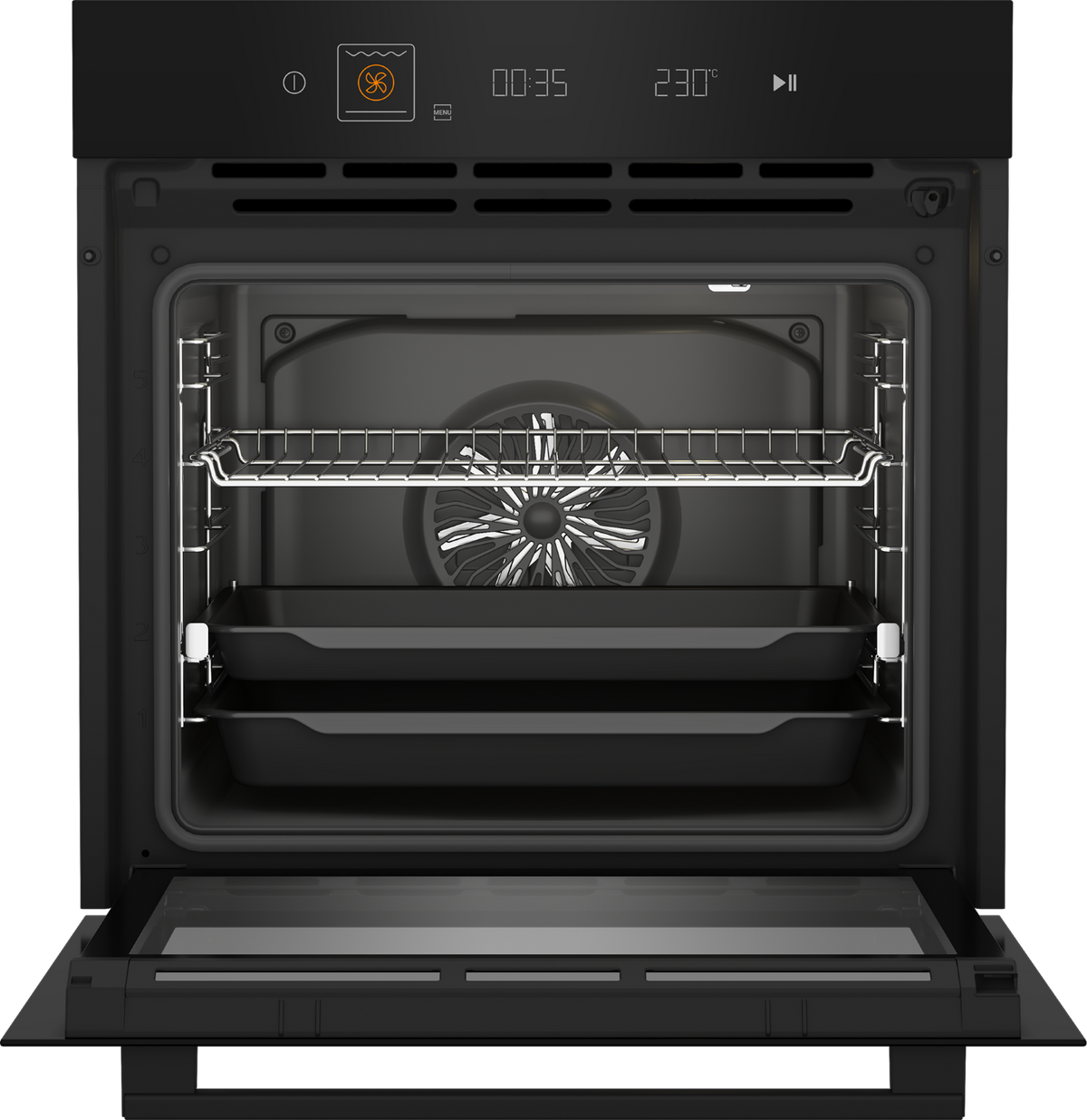 Un moderno forno nero con la porta aperta, che mostra due griglie e una ventola.