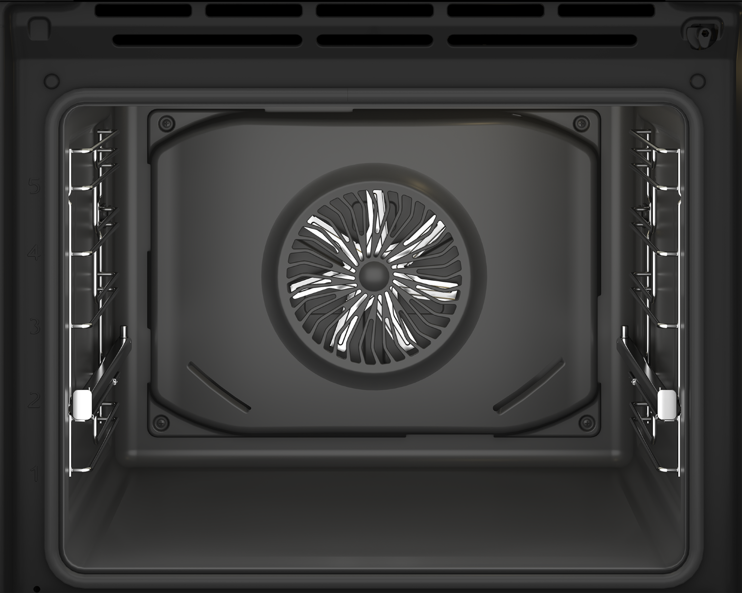 Vista interna di un forno nero vuoto con ventola e guide per teglie.