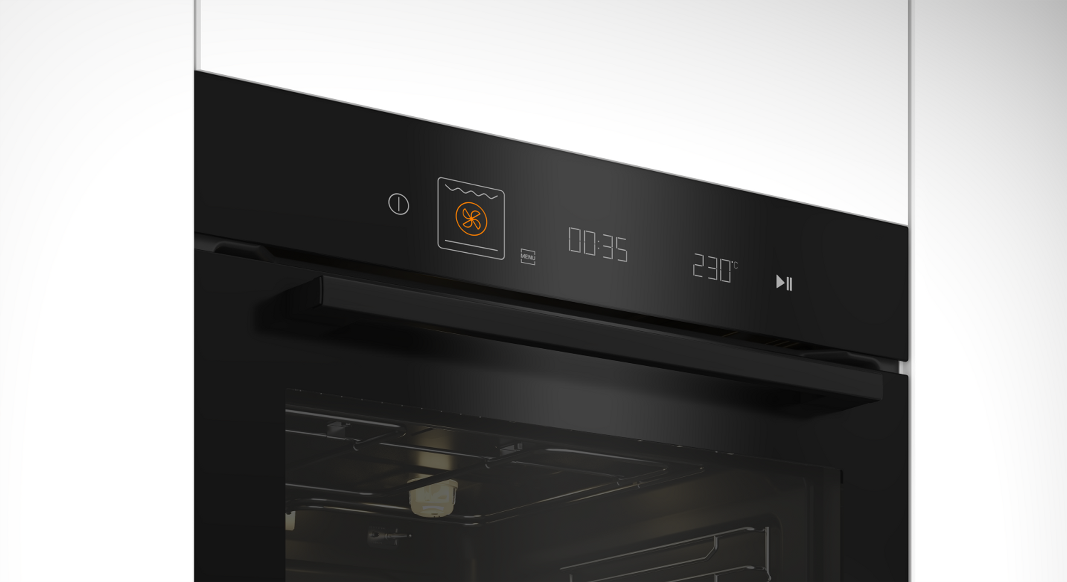 Pannello di controllo nero con icona ventola, timer e 230 gradi.