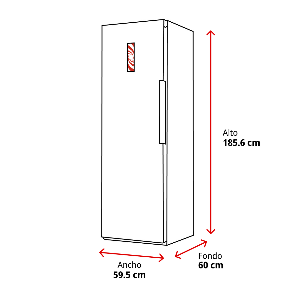 Un refrigerador con dimensiones: alto 185.6 cm, ancho 59.5 cm, fondo 60 cm.