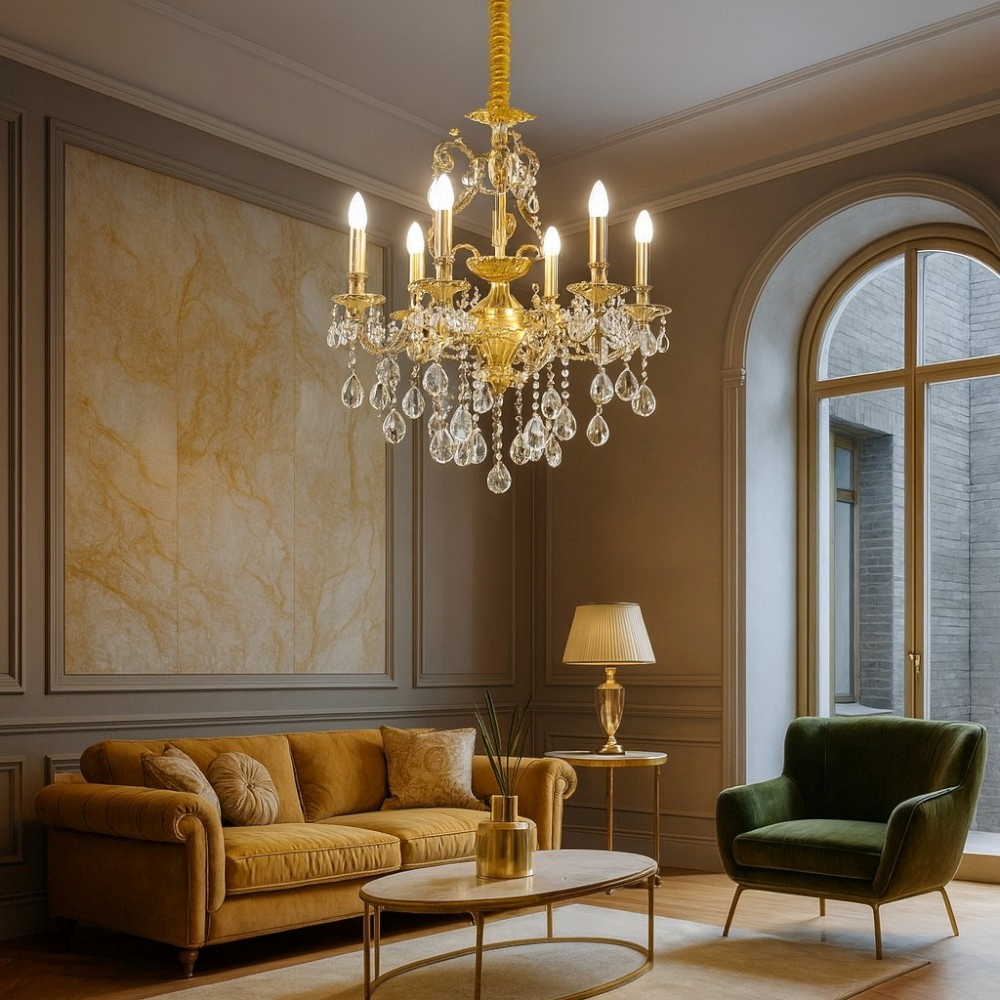 Un lampadario dorato sovrasta un divano giallo e una poltrona verde.