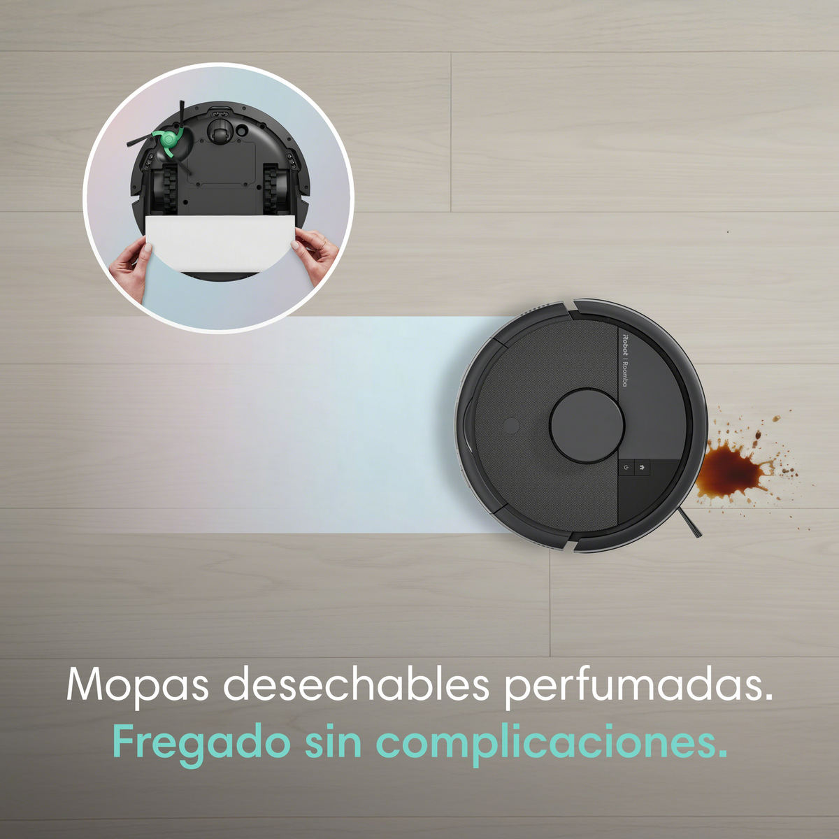 Un robot aspirador limpia un derrame en el suelo. Se está colocando una mopa arriba.