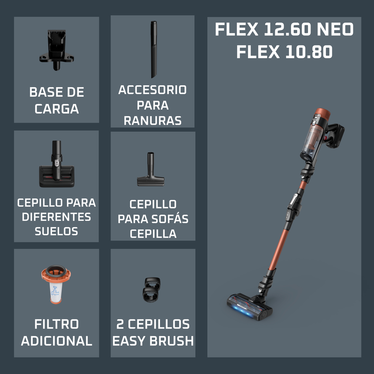Aspirapolvere senza fili con accessori: base di ricarica, accessorio fessure, spazzola pavimenti.