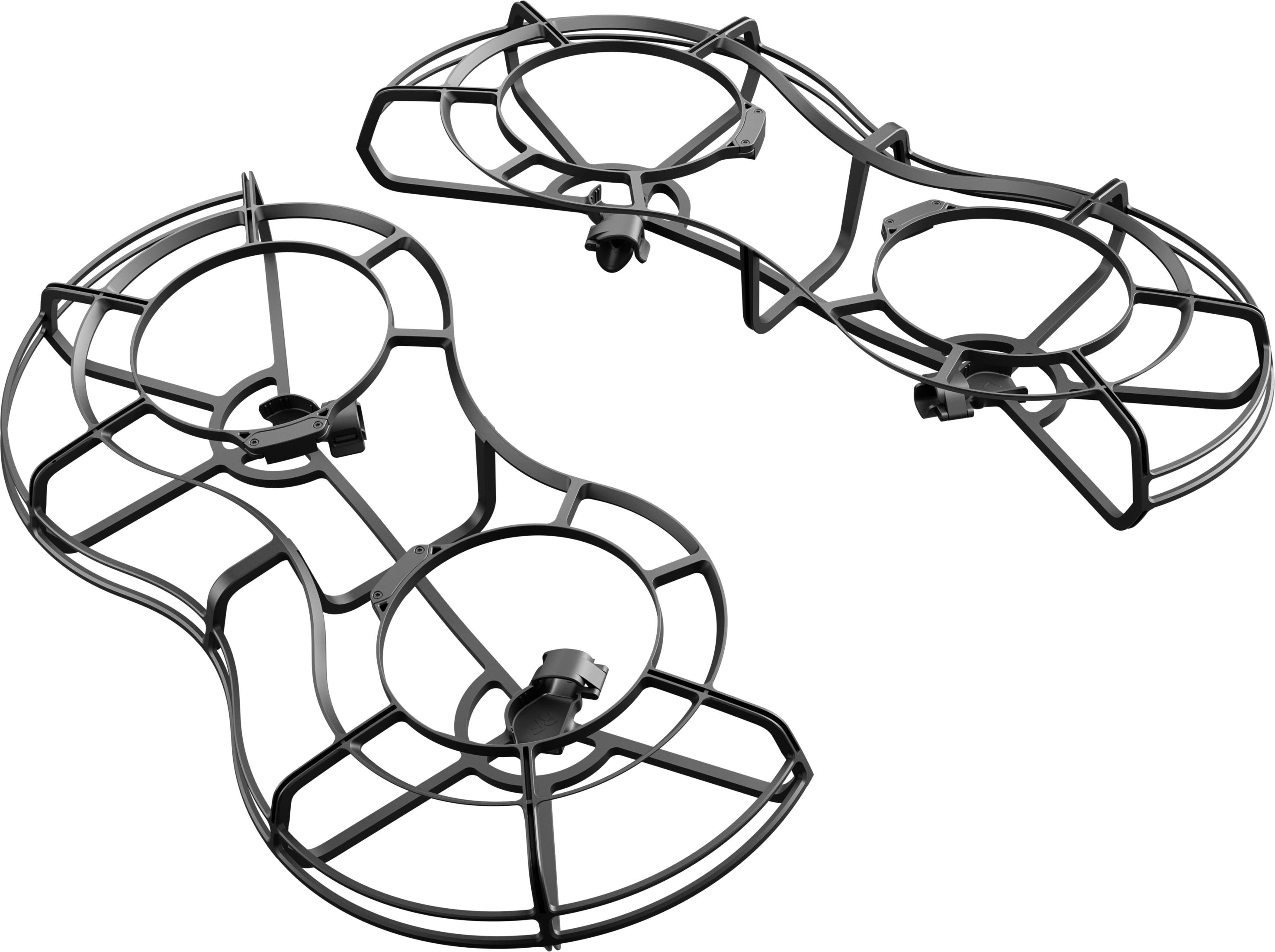 Dos protectores de hélice de dron negros sobre fondo blanco.