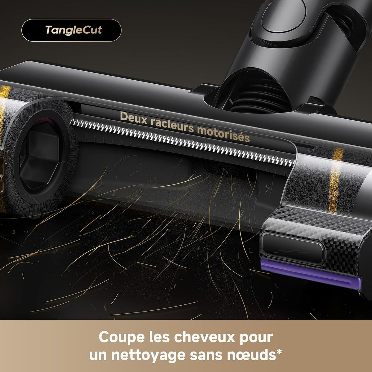 Tête d'aspirateur avec technologie TangleCut, montrant des racleurs motorisés coupant les cheveux.