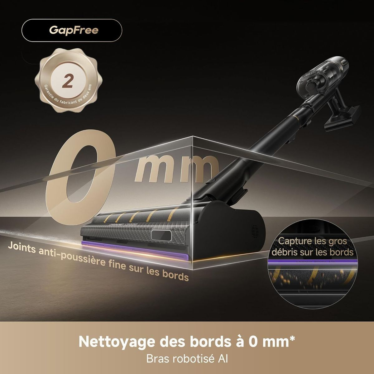 Un aspirateur noir avec nettoyage des bords à 0 mm et garantie de 2 ans.