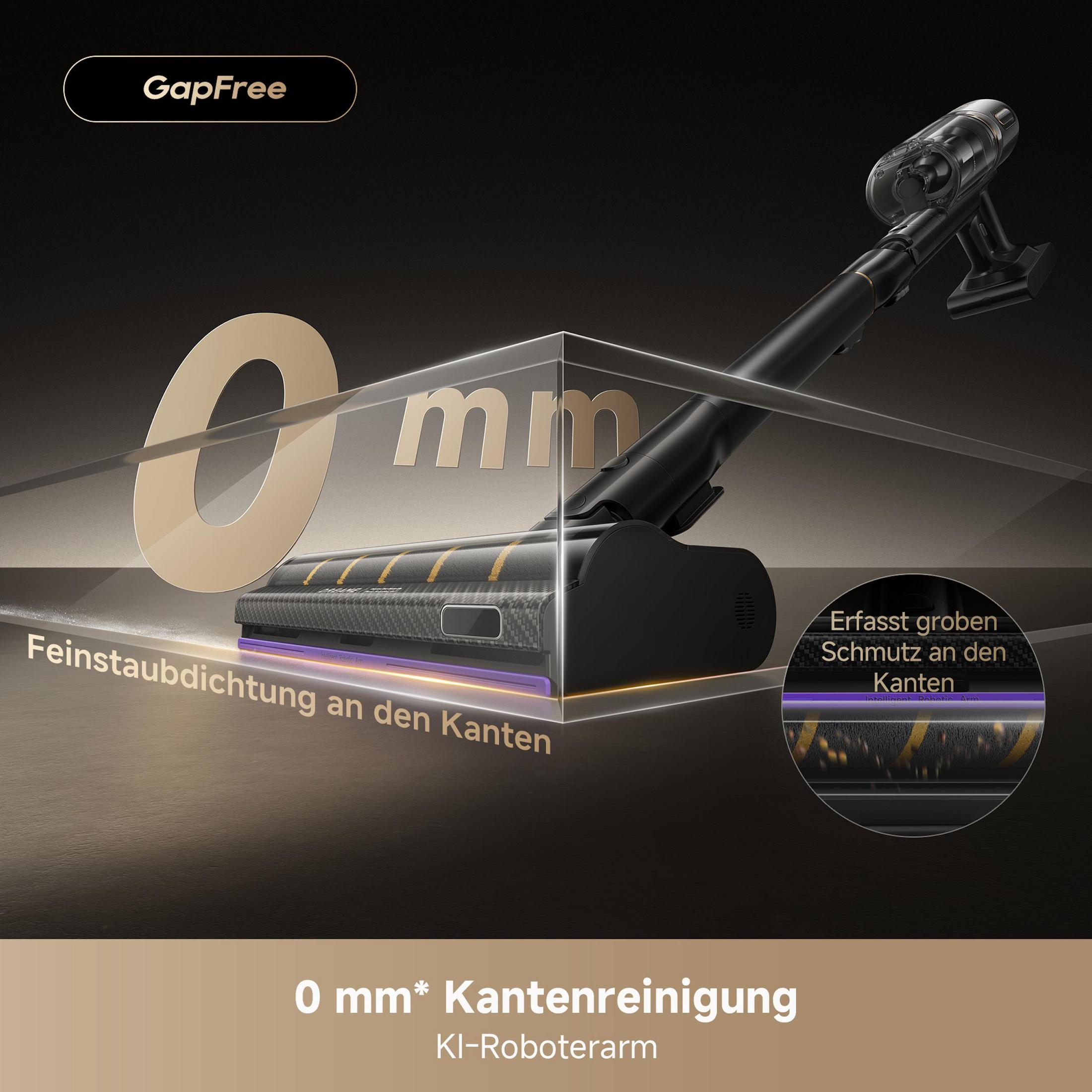 Un aspirateur noir avec logo "GapFree", nettoyage des bords 0 mm.