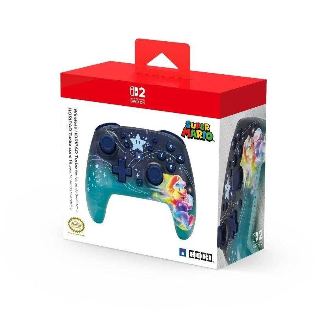 Kontroler Nintendo Switch w stylu Super Mario w czerwono-białym pudełku.