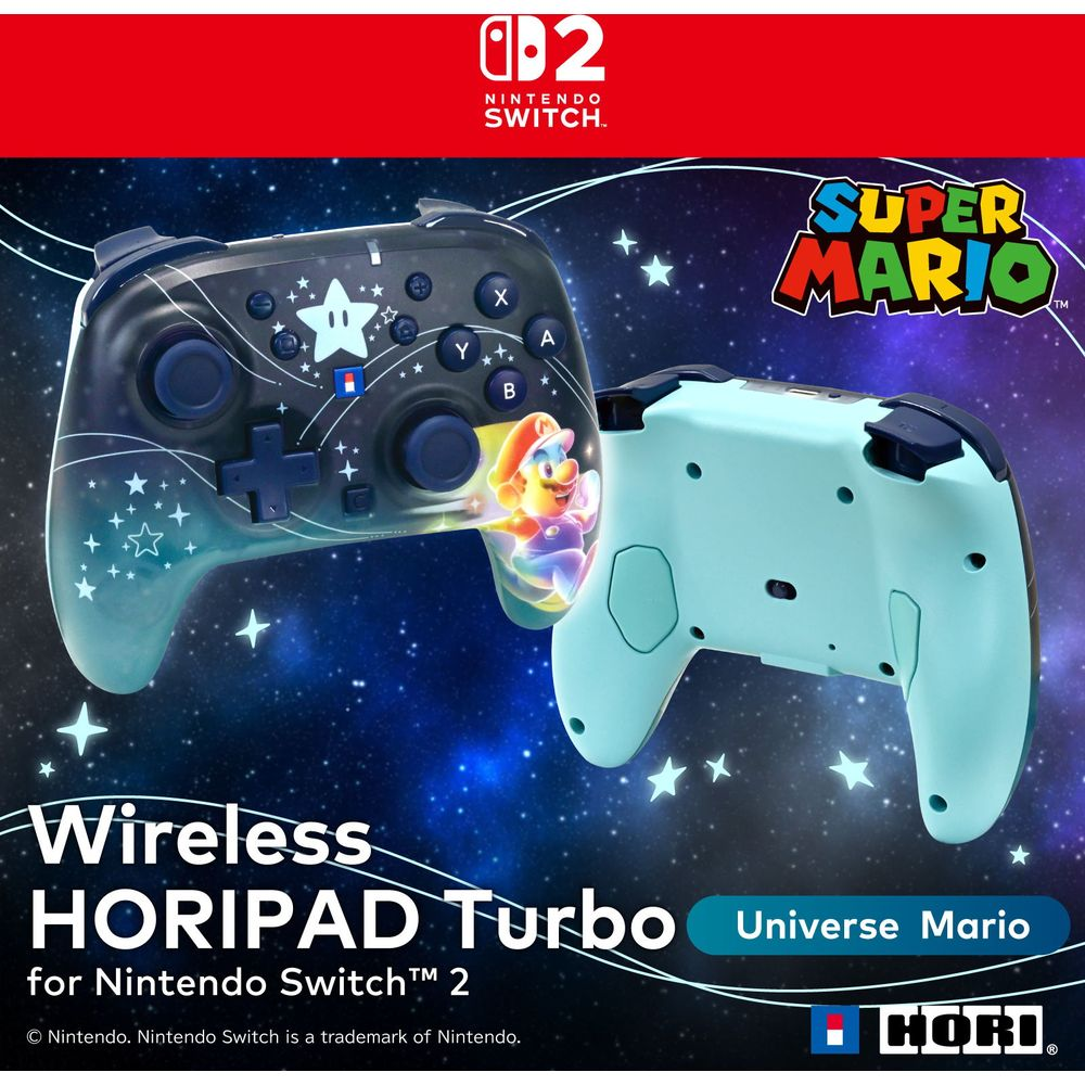 Dwa kontrolery Nintendo Switch na tle gwiezdnej przestrzeni, jeden czarny z Mario, drugi jasnozielony.