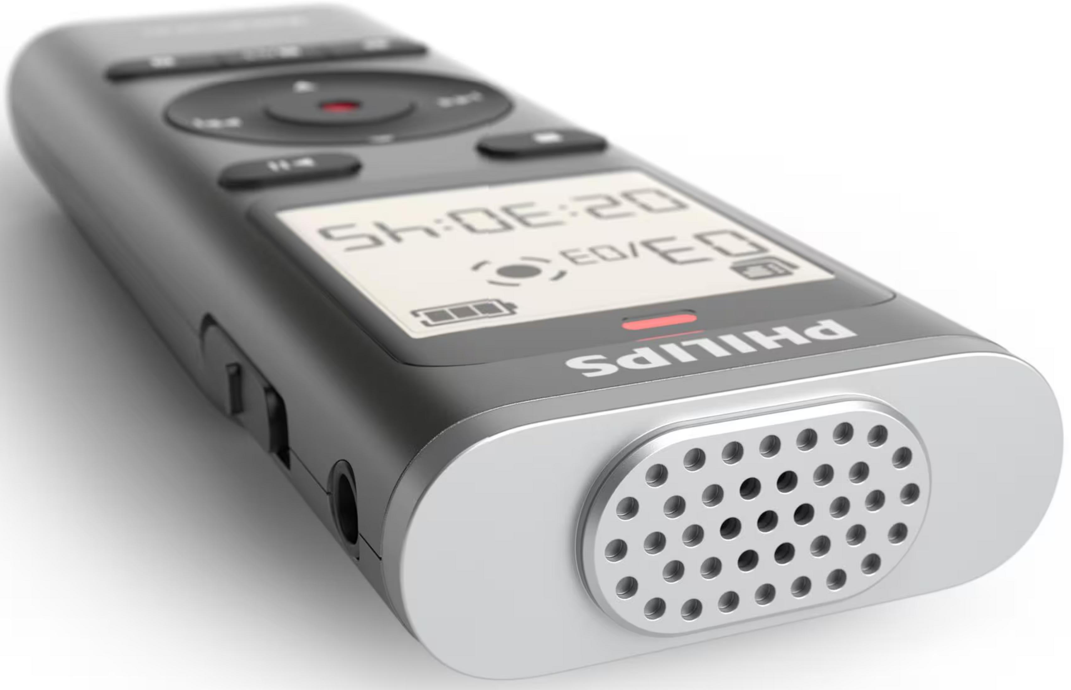 Un registratore vocale Philips nero con display e microfono su sfondo bianco.