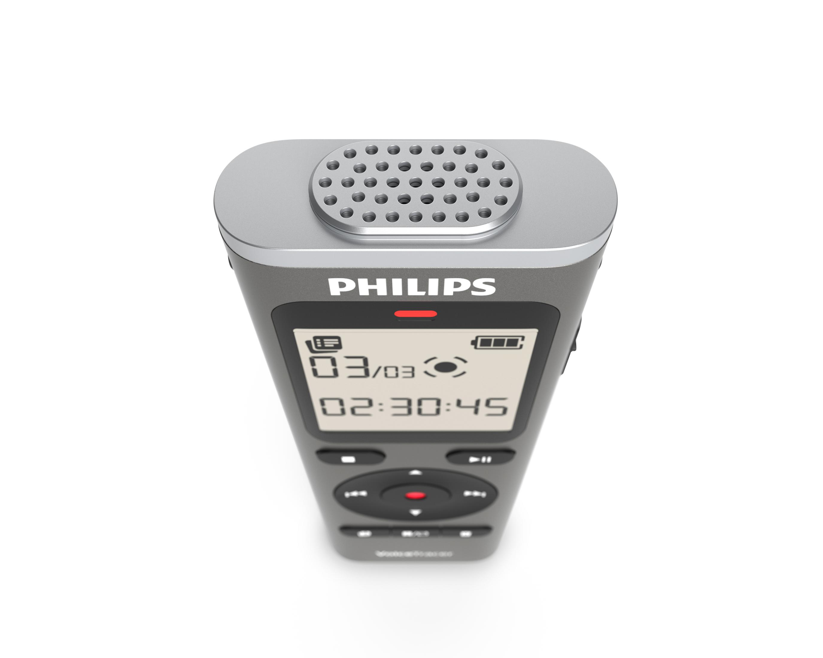 Registratore vocale digitale Philips grigio con schermo, pulsanti e griglia.