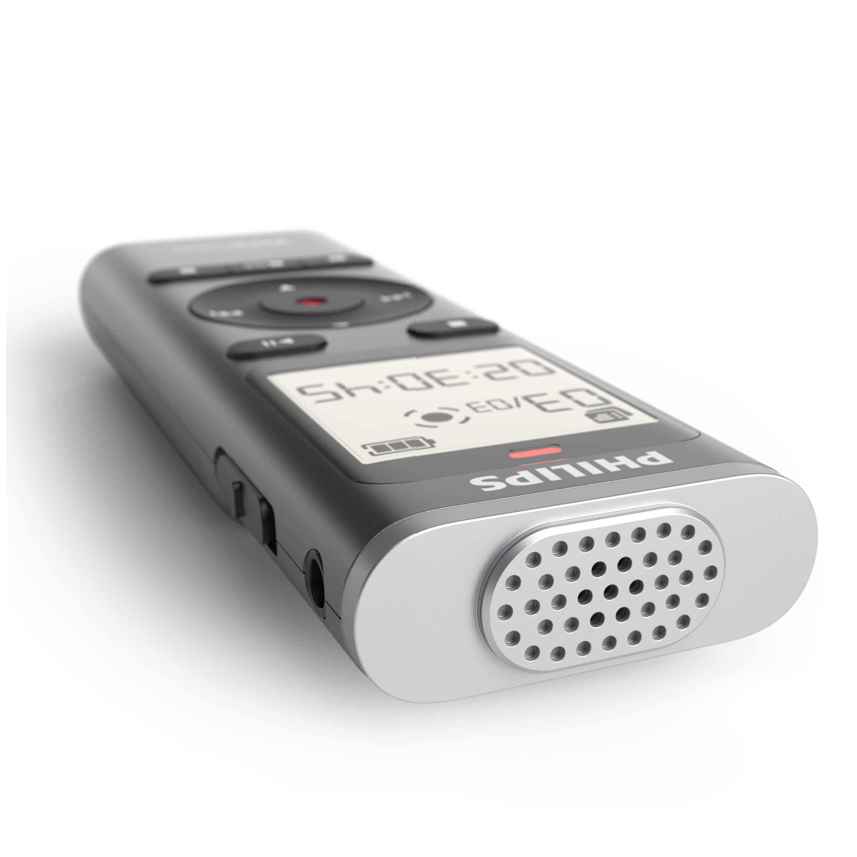 Un registratore vocale Philips grigio con display e pulsanti.