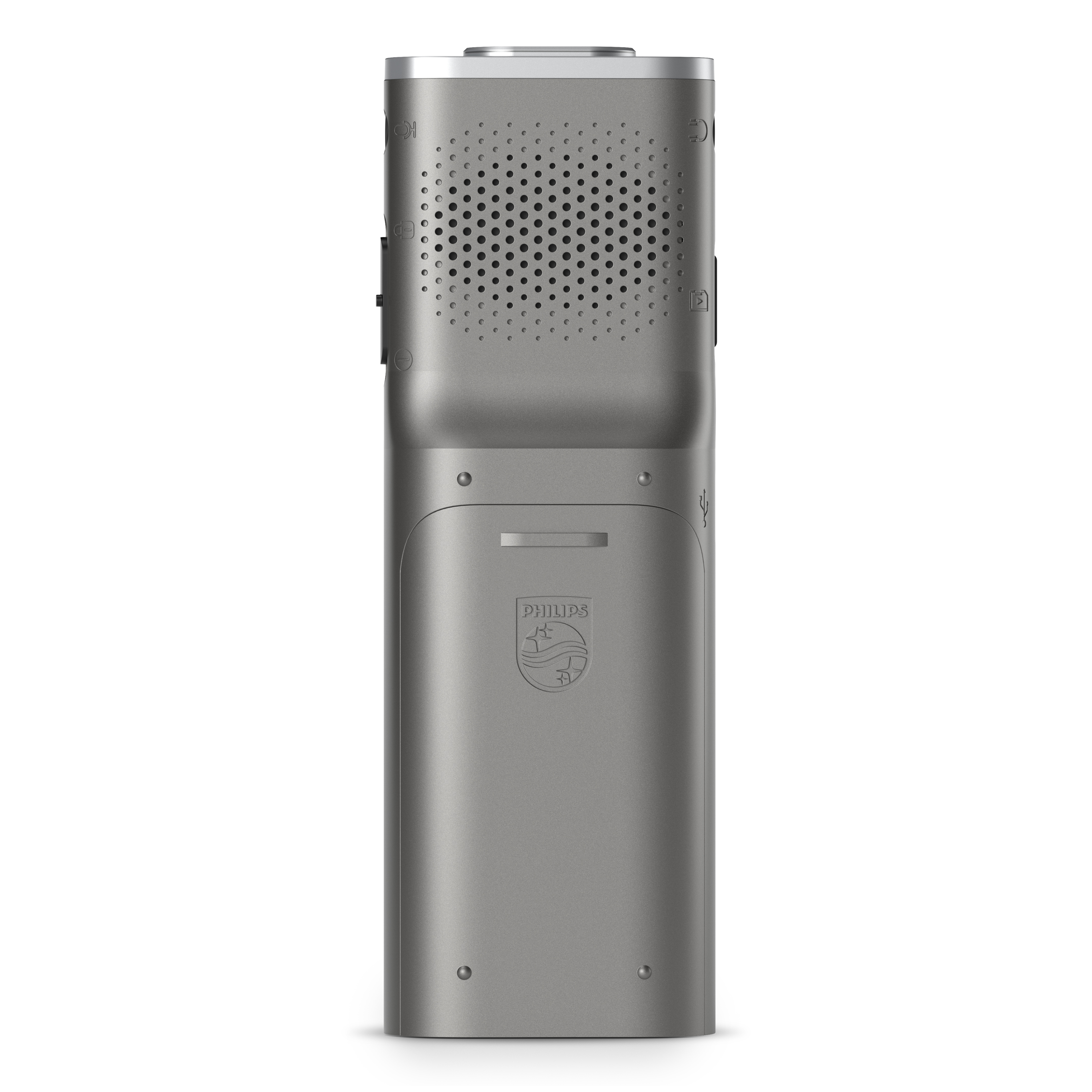 Registratore vocale Philips grigio con altoparlante e porta USB.