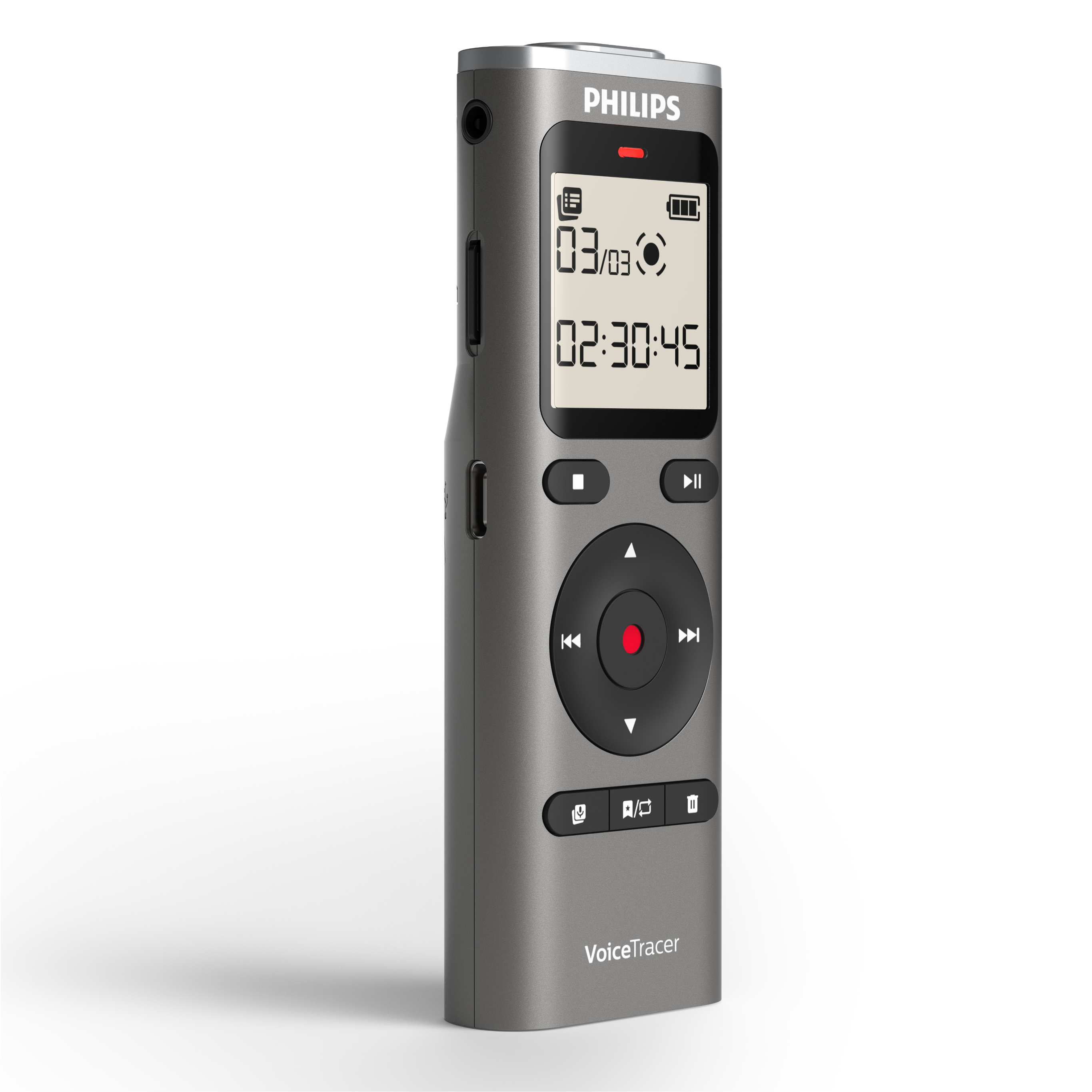 Registratore Philips VoiceTracer grigio con schermo e pulsanti.