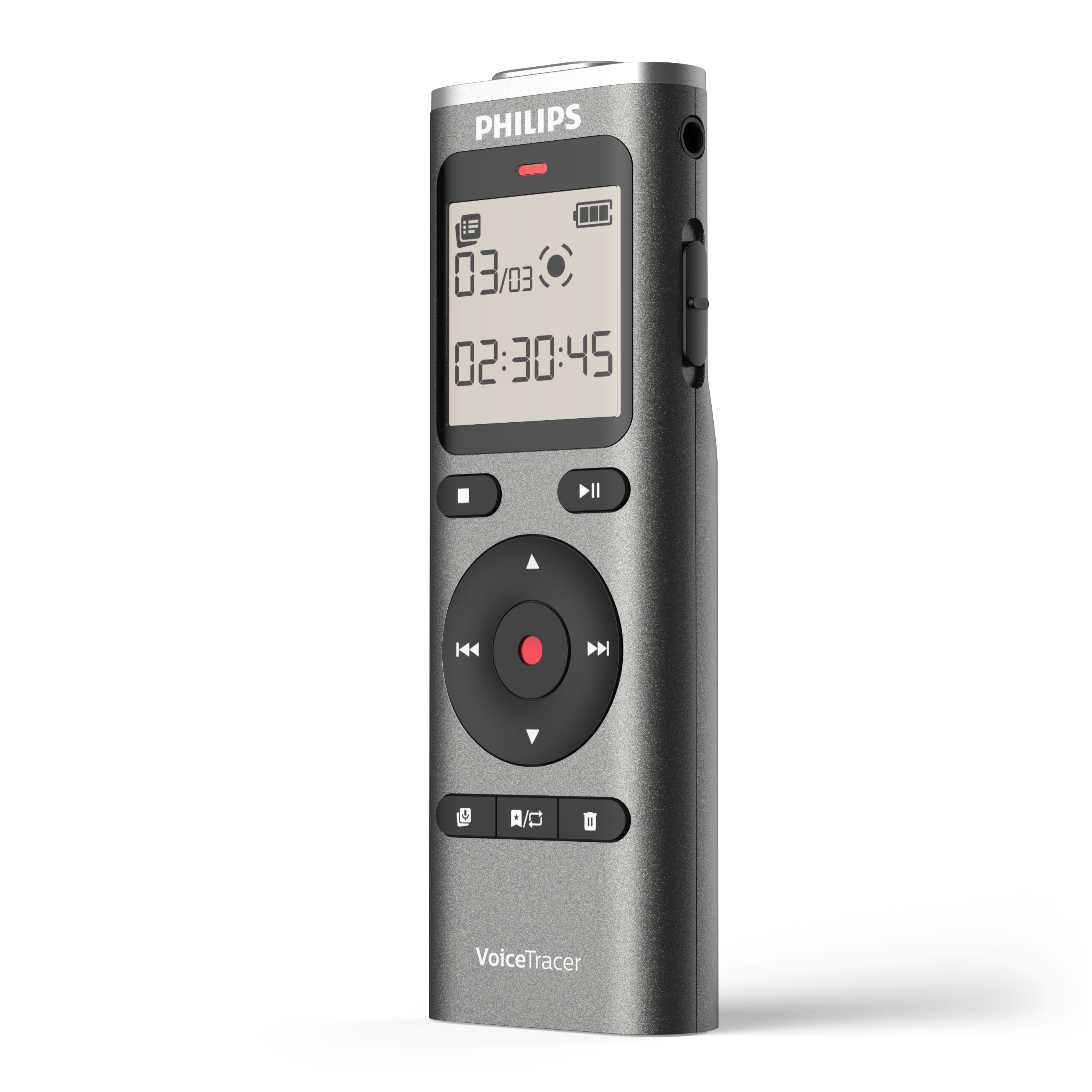 Registratore Philips VoiceTracer grigio con schermo e pulsanti.