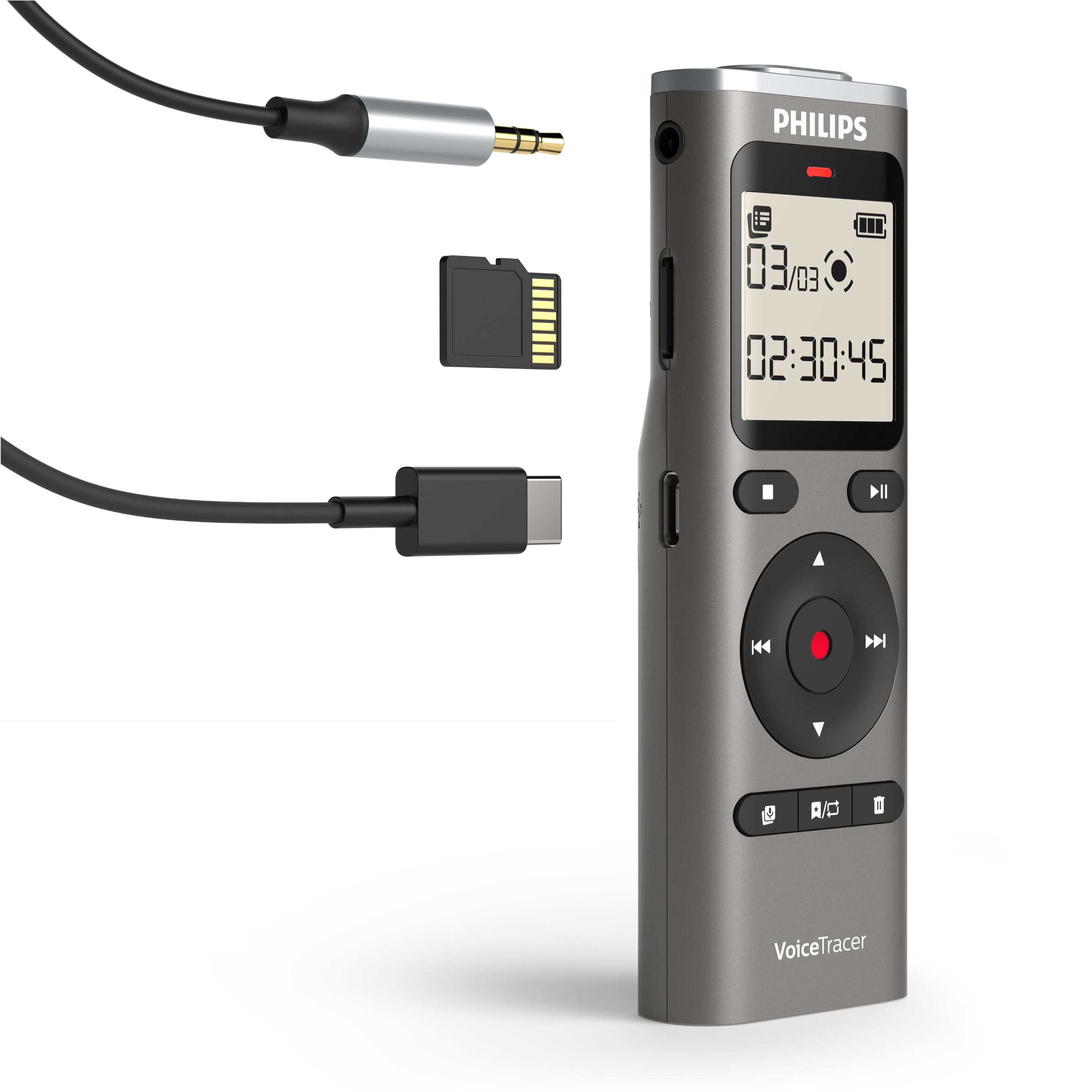 Philips VoiceTracer con USB-C, cavo audio e scheda SD.