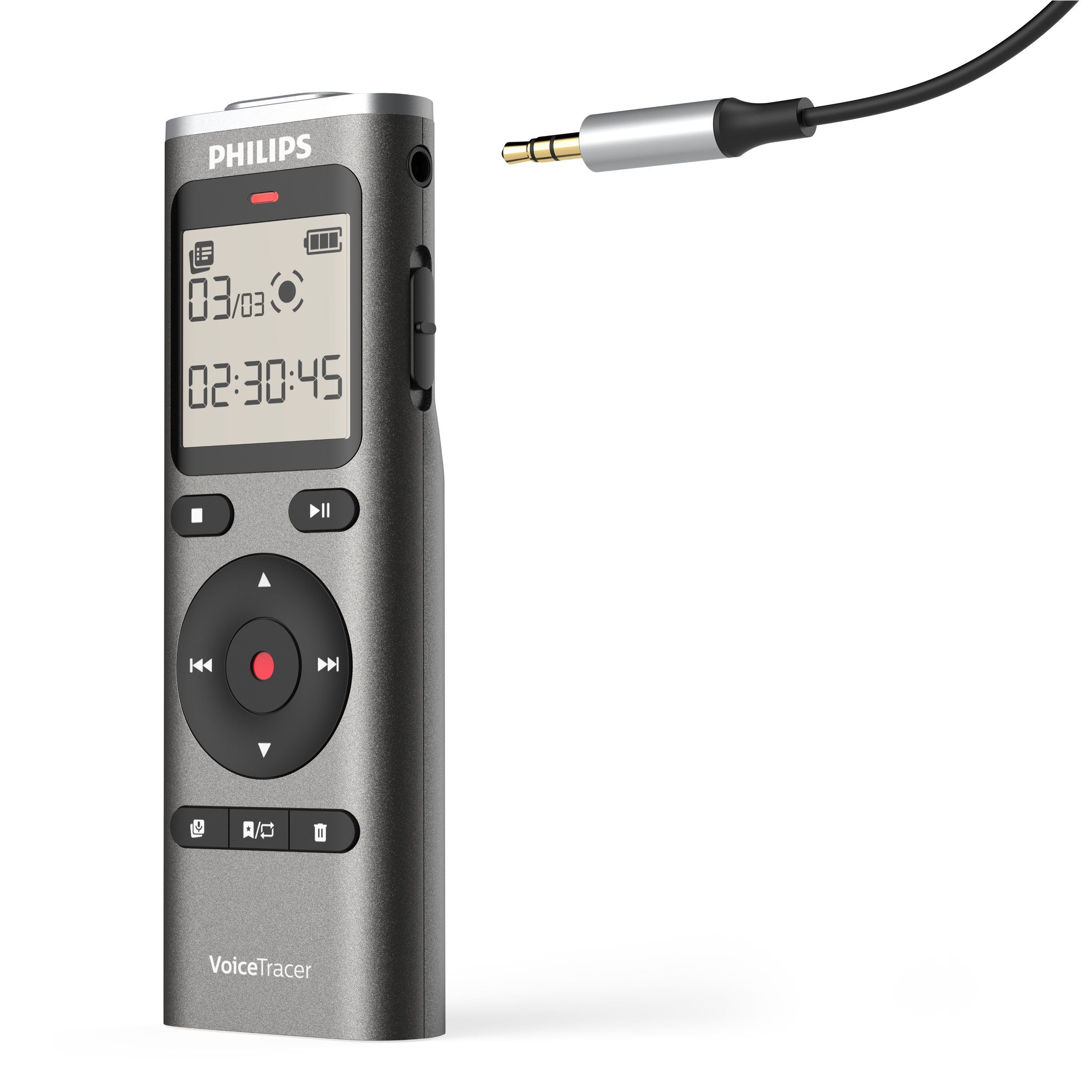 Registratore Philips VoiceTracer grigio con cavo e jack per cuffie.