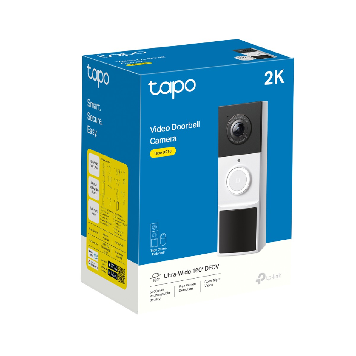 Confezione di una videocitofono Tapo 2K con campo visivo ultra grandangolare di 160 gradi.